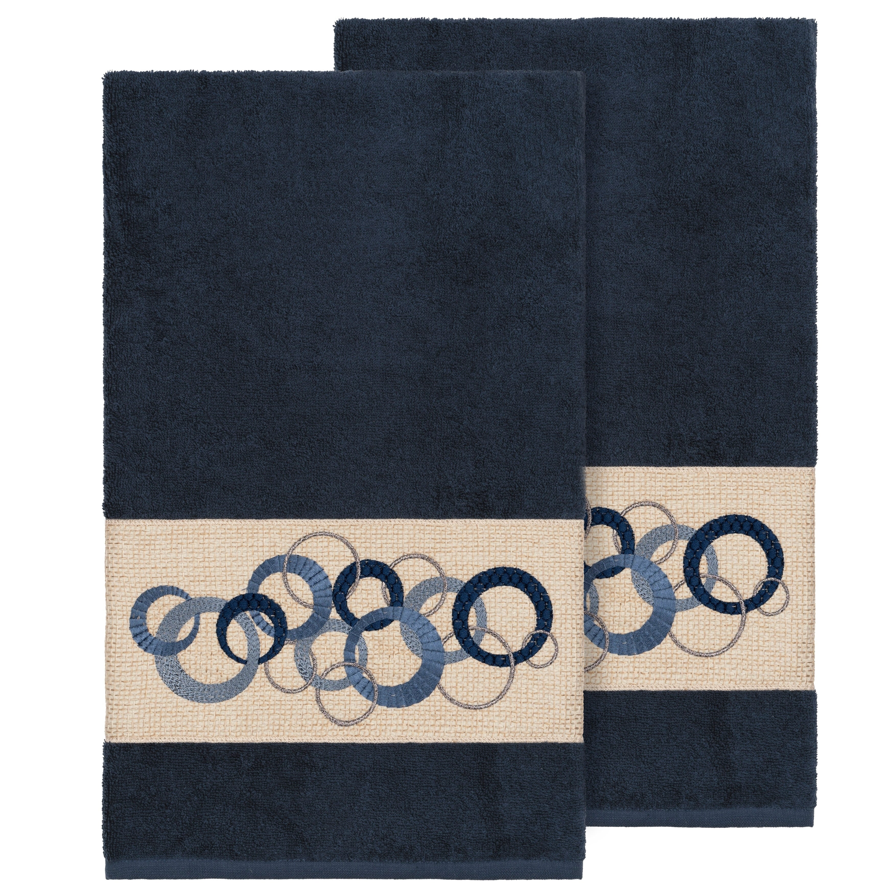 Authentic Hotel And Spa Turkish Cotton Circles Embroidered Midnight Blue 2 Piece Bath Towel Set
