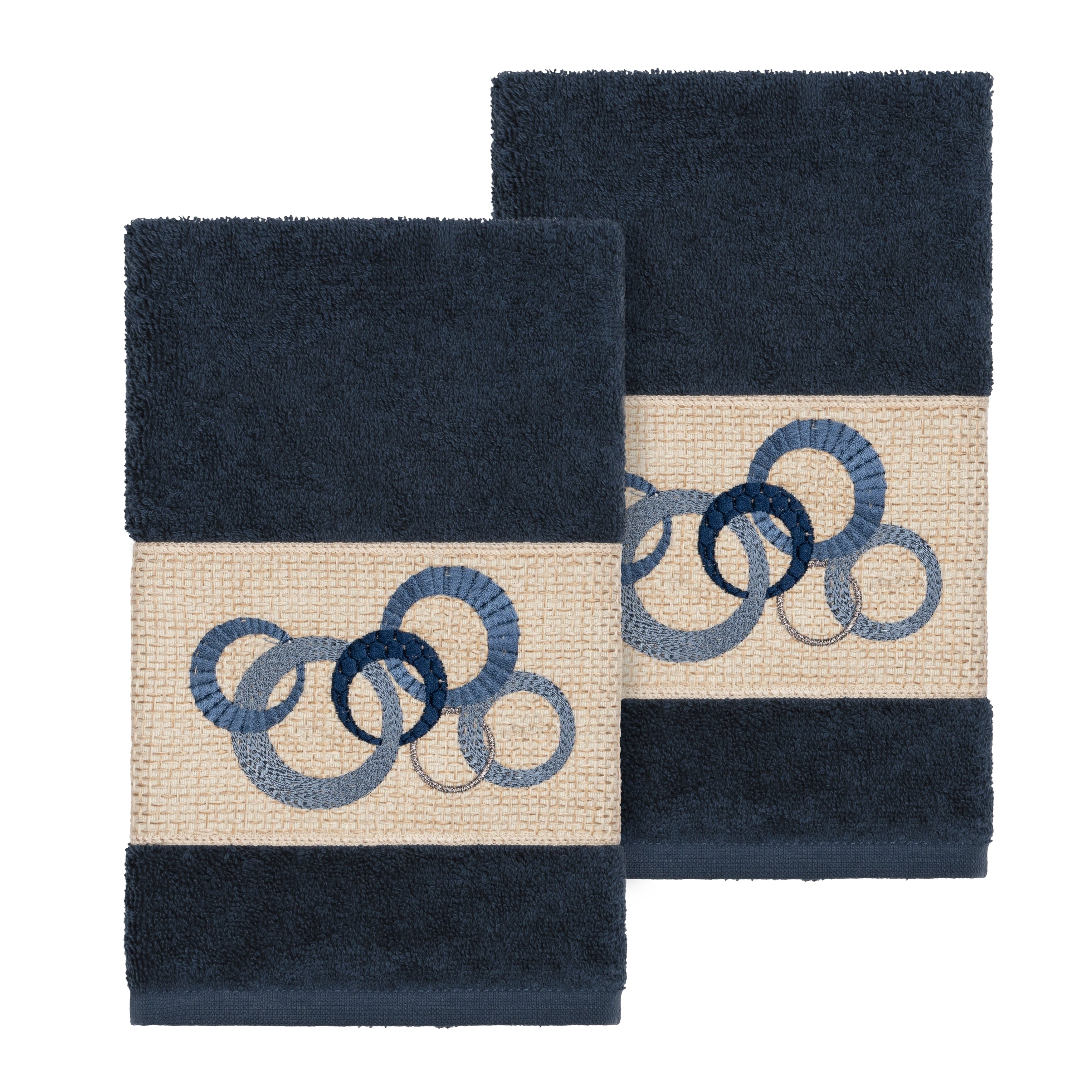 Authentic Hotel And Spa Turkish Cotton Circles Embroidered Midnight Blue 2 Piece Towel Hand Set