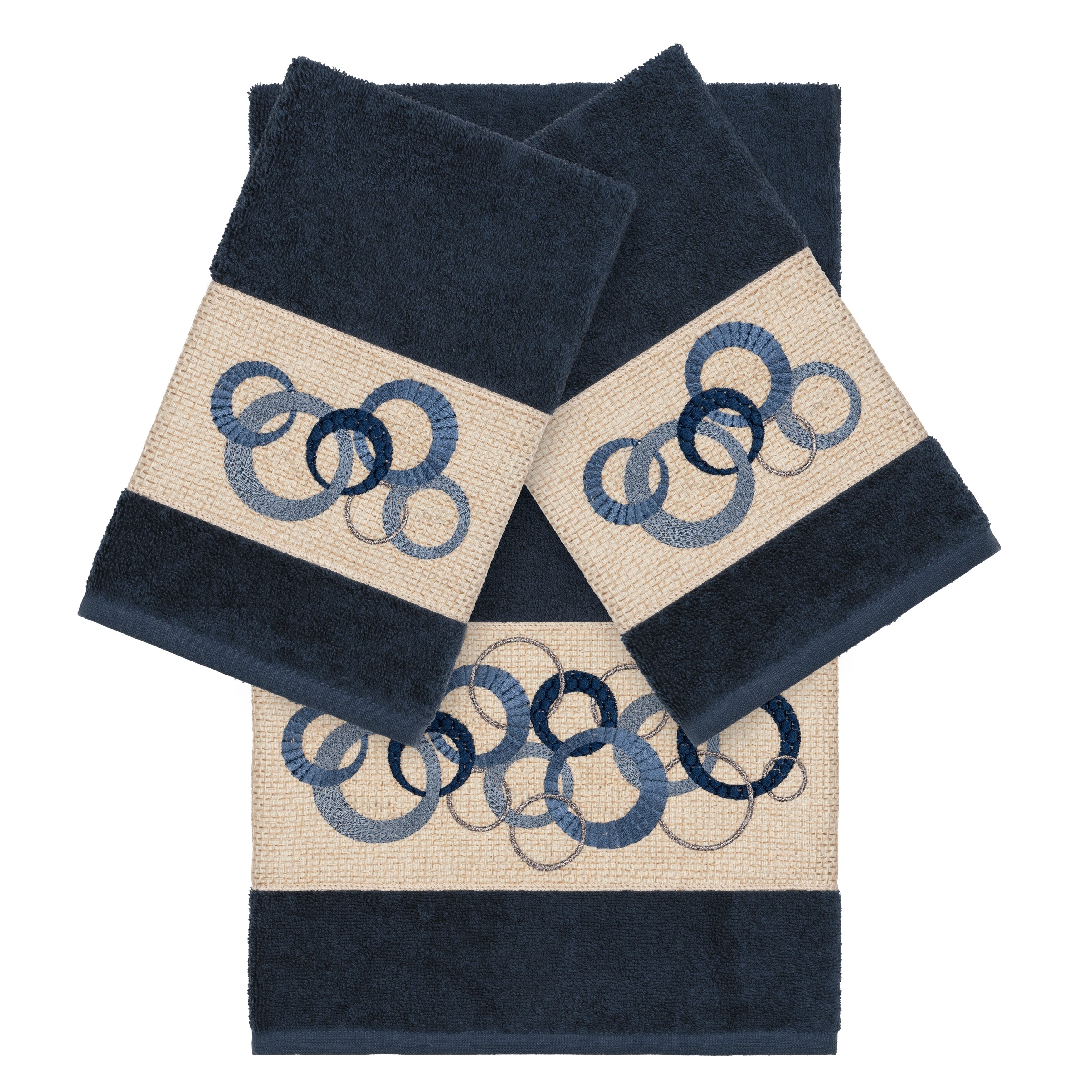 Authentic Hotel And Spa Turkish Cotton Circles Embroidered Midnight Blue 3 Piece Towel Set