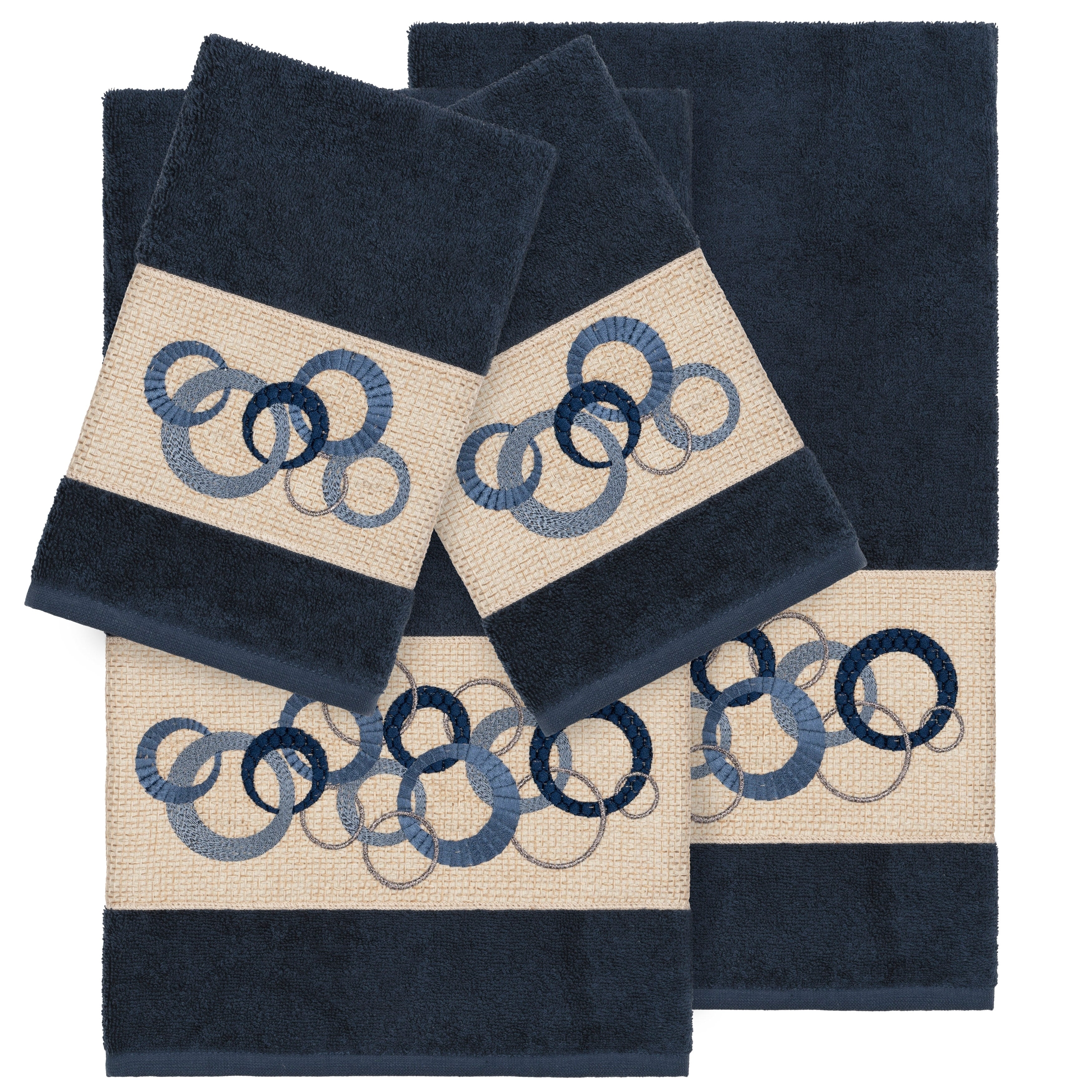 Authentic Hotel And Spa Turkish Cotton Circles Embroidered Midnight Blue 4 Piece Towel Set