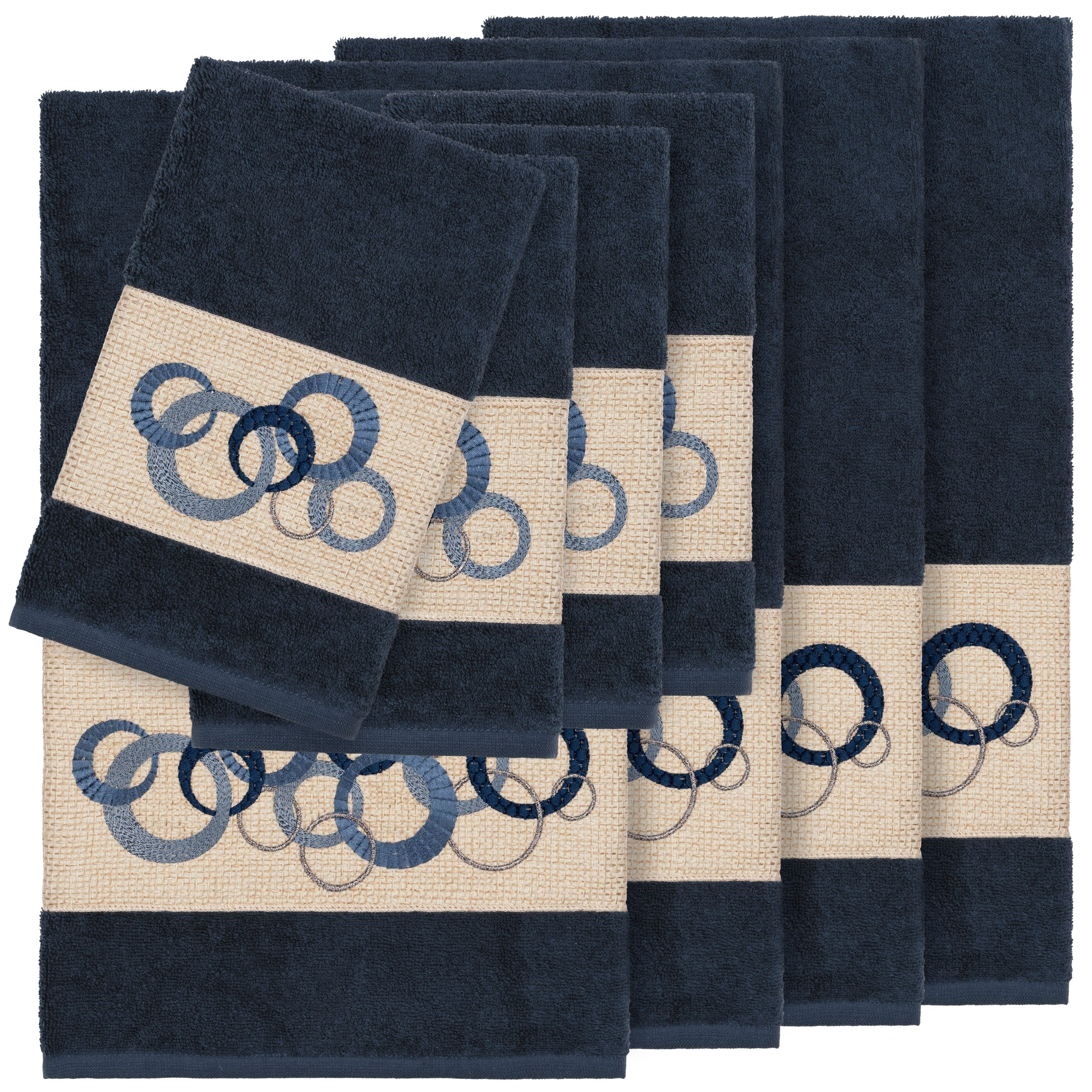 Authentic Hotel And Spa Turkish Cotton Circles Embroidered Midnight Blue 8 Piece Towel Set