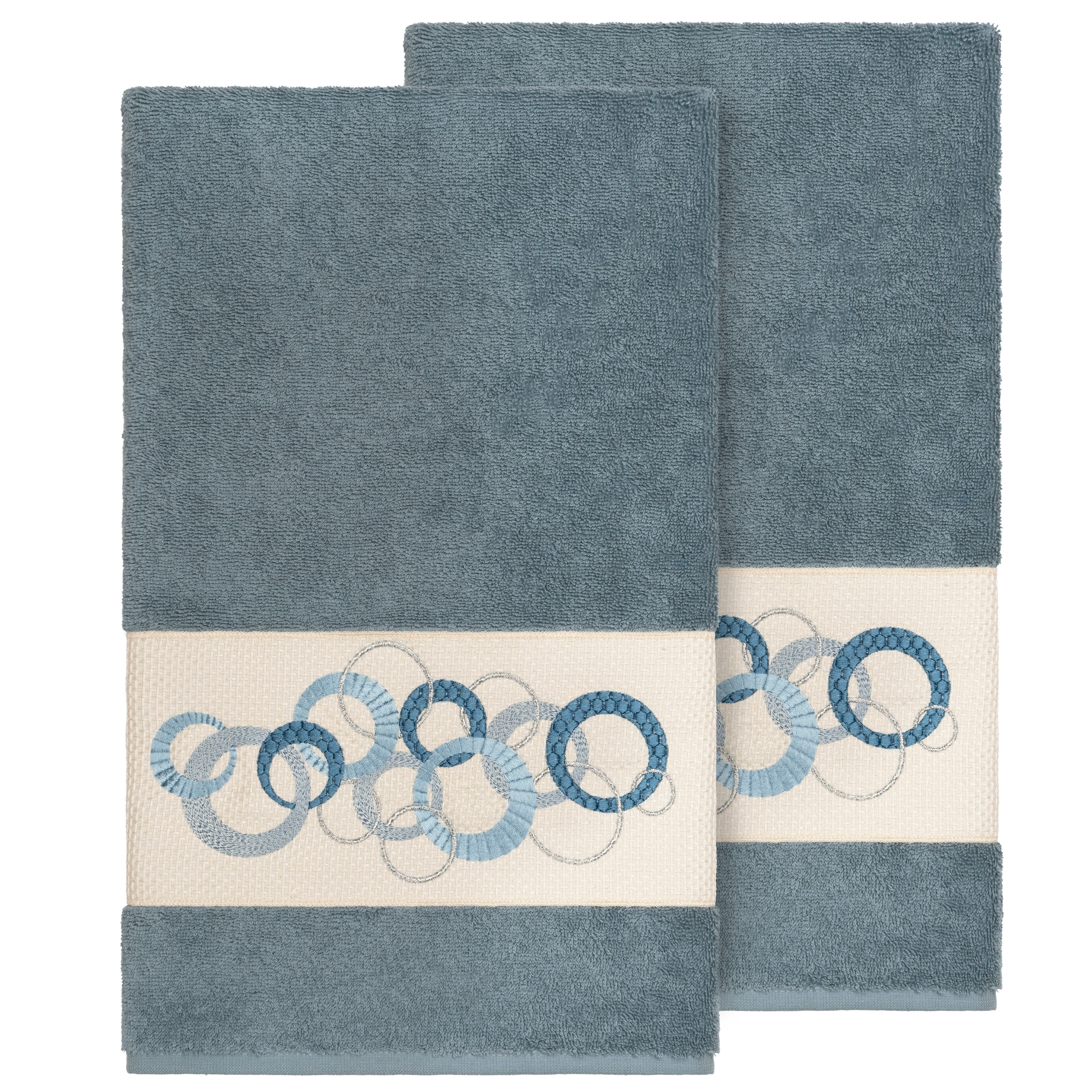 Authentic Hotel And Spa Turkish Cotton Circles Embroidered Teal Blue 2 Piece Bath Towel Set