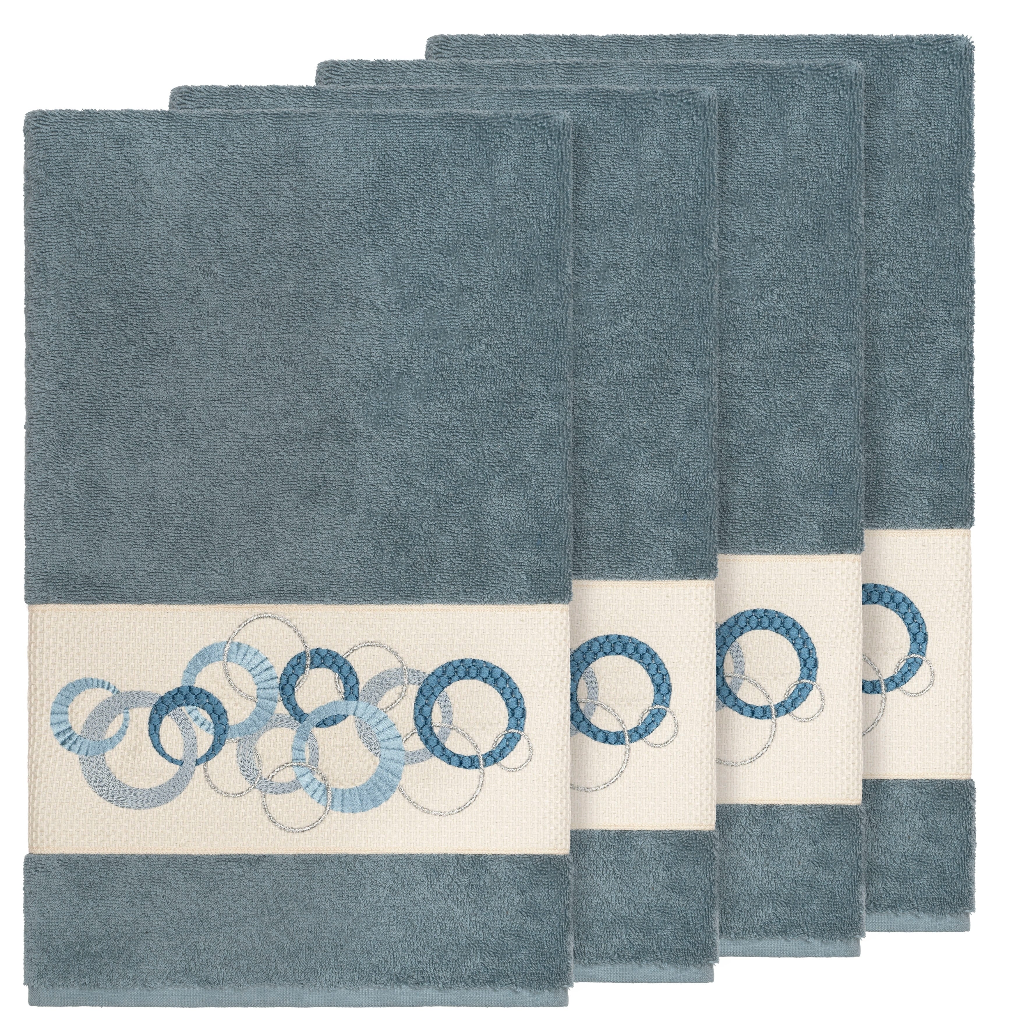 Authentic Hotel And Spa Turkish Cotton Circles Embroidered Teal Blue 4 Piece Bath Towel Set