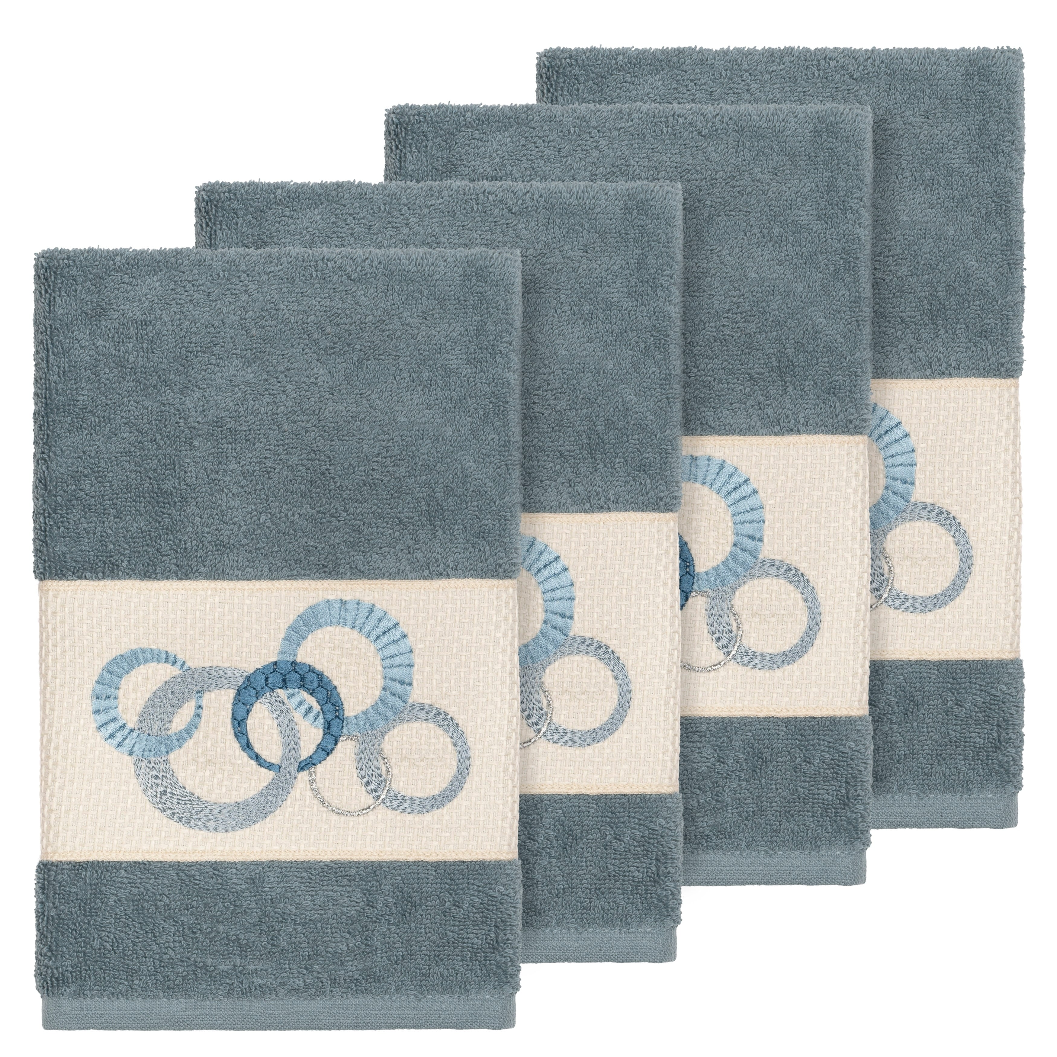 Authentic Hotel And Spa Turkish Cotton Circles Embroidered Teal Blue 4 Piece Hand Towel Set