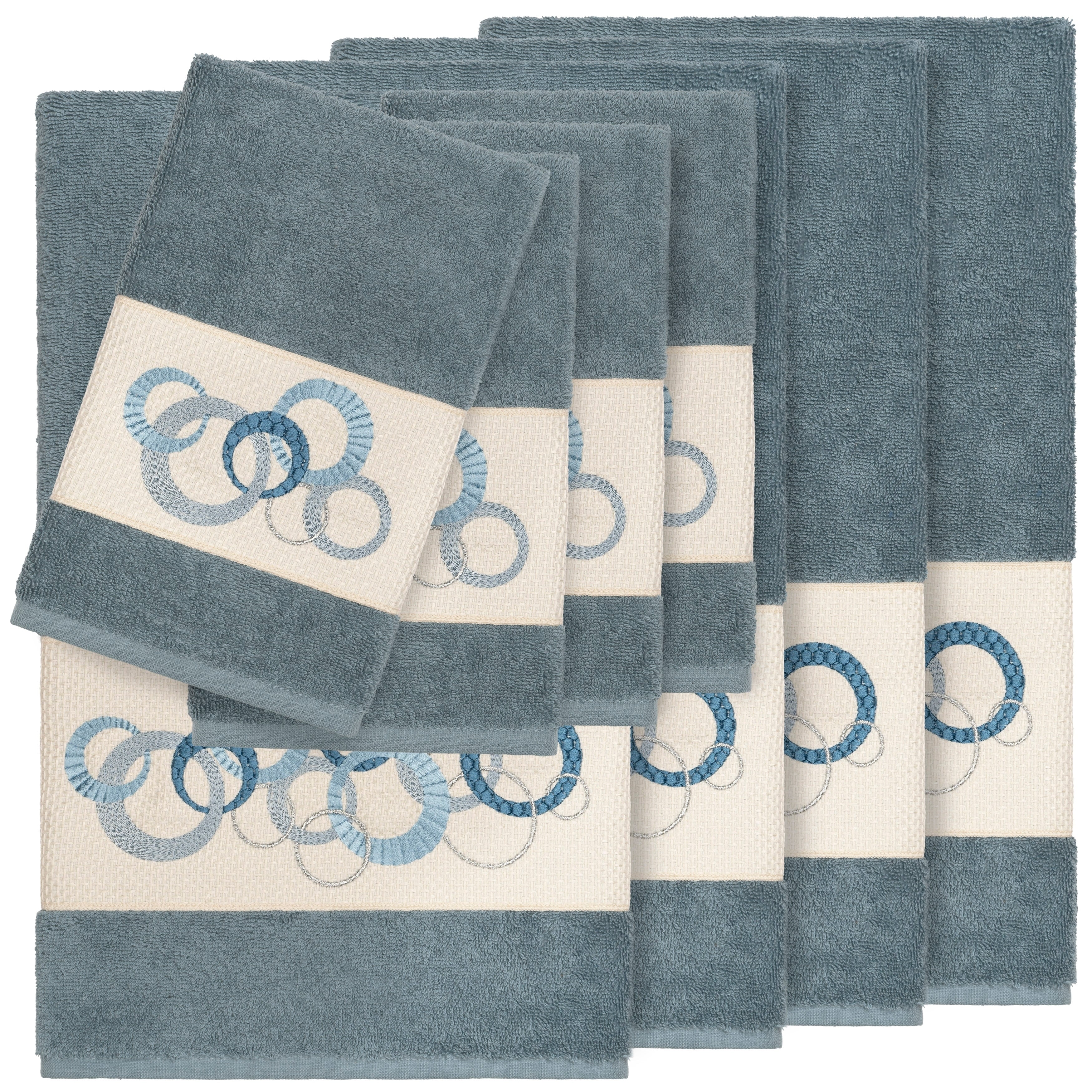 Authentic Hotel And Spa Turkish Cotton Circles Embroidered Teal Blue 8 Piece Towel Set