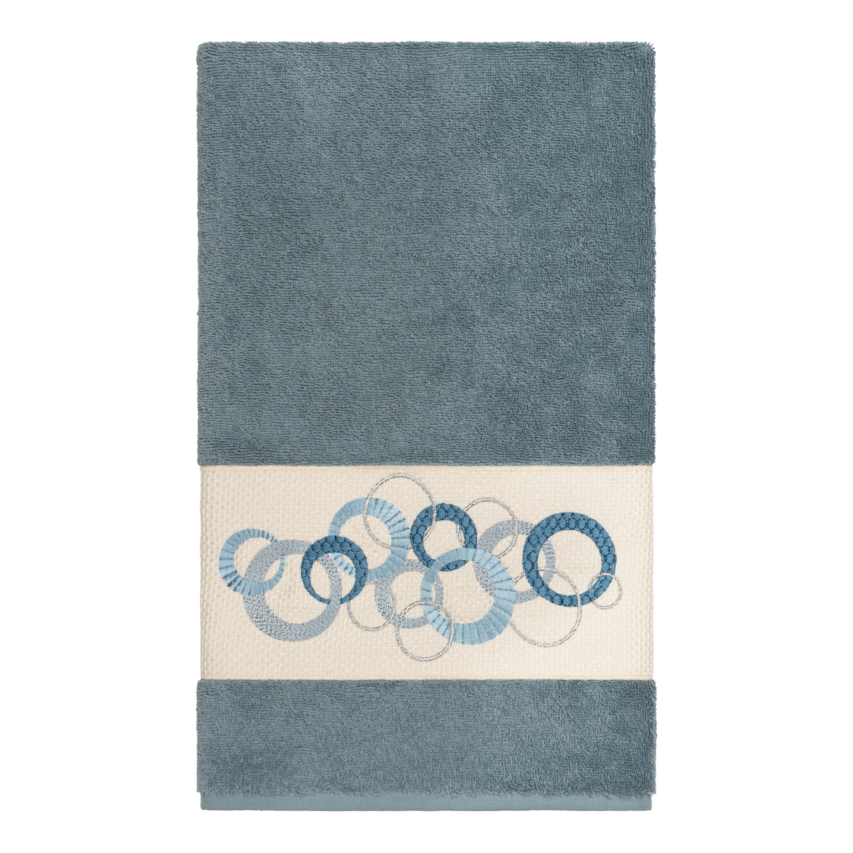 Authentic Hotel And Spa Turkish Cotton Circles Embroidered Teal Blue Bath Towel