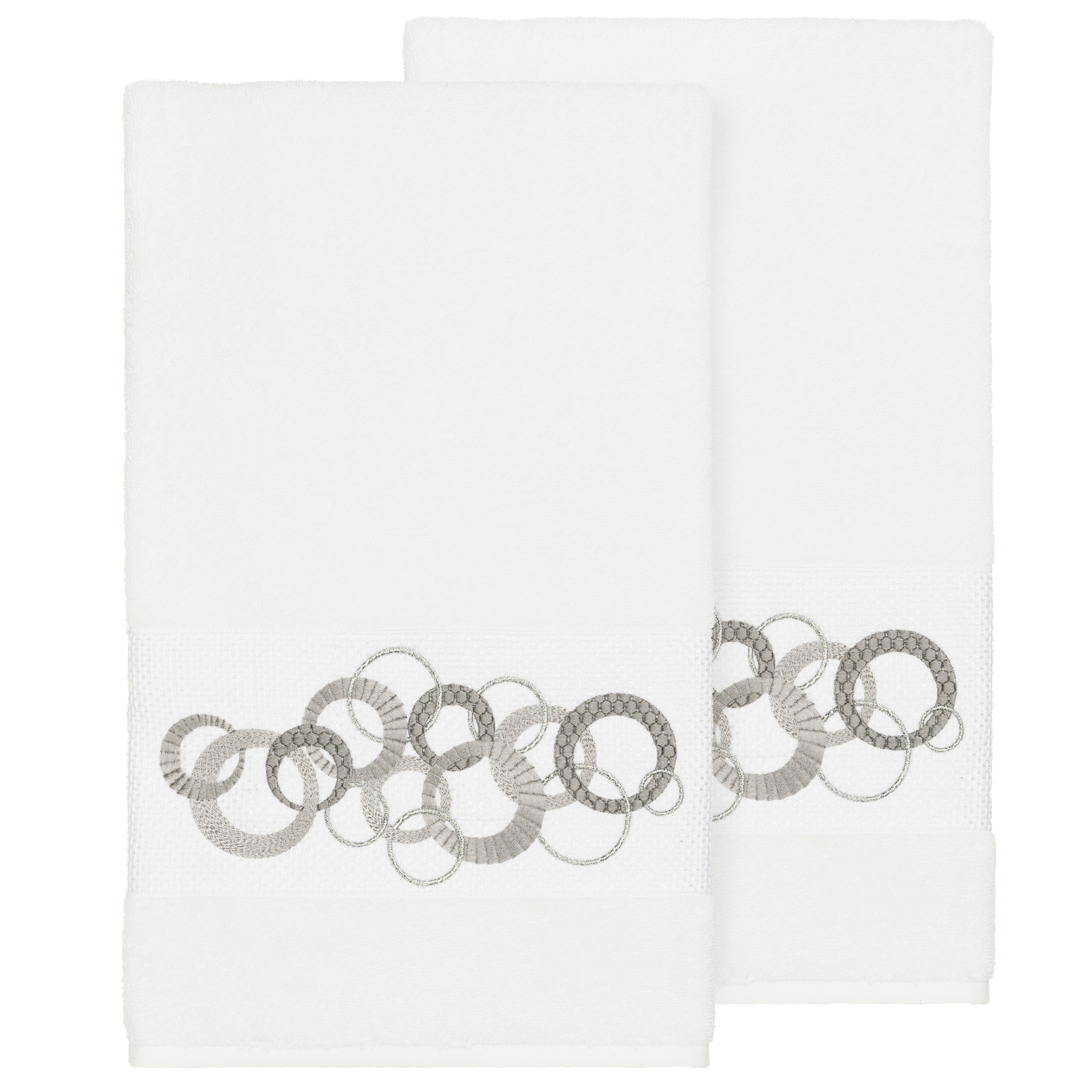 Authentic Hotel And Spa Turkish Cotton Circles Embroidered White 2 Piece Bath Towel Set