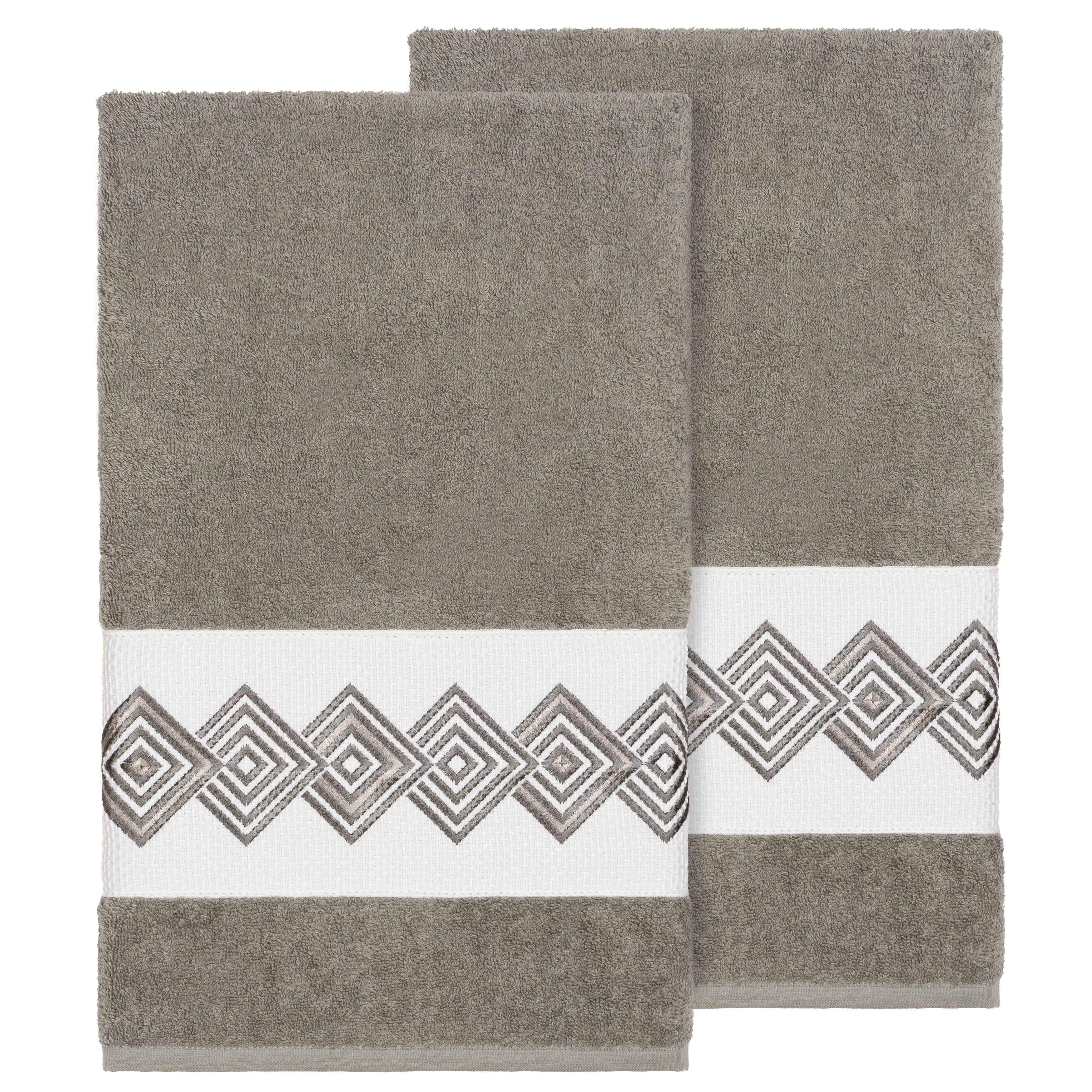 Authentic Hotel And Spa Turkish Cotton Diamonds Embroidered Dark Grey 2 Piece Bath Towel Set