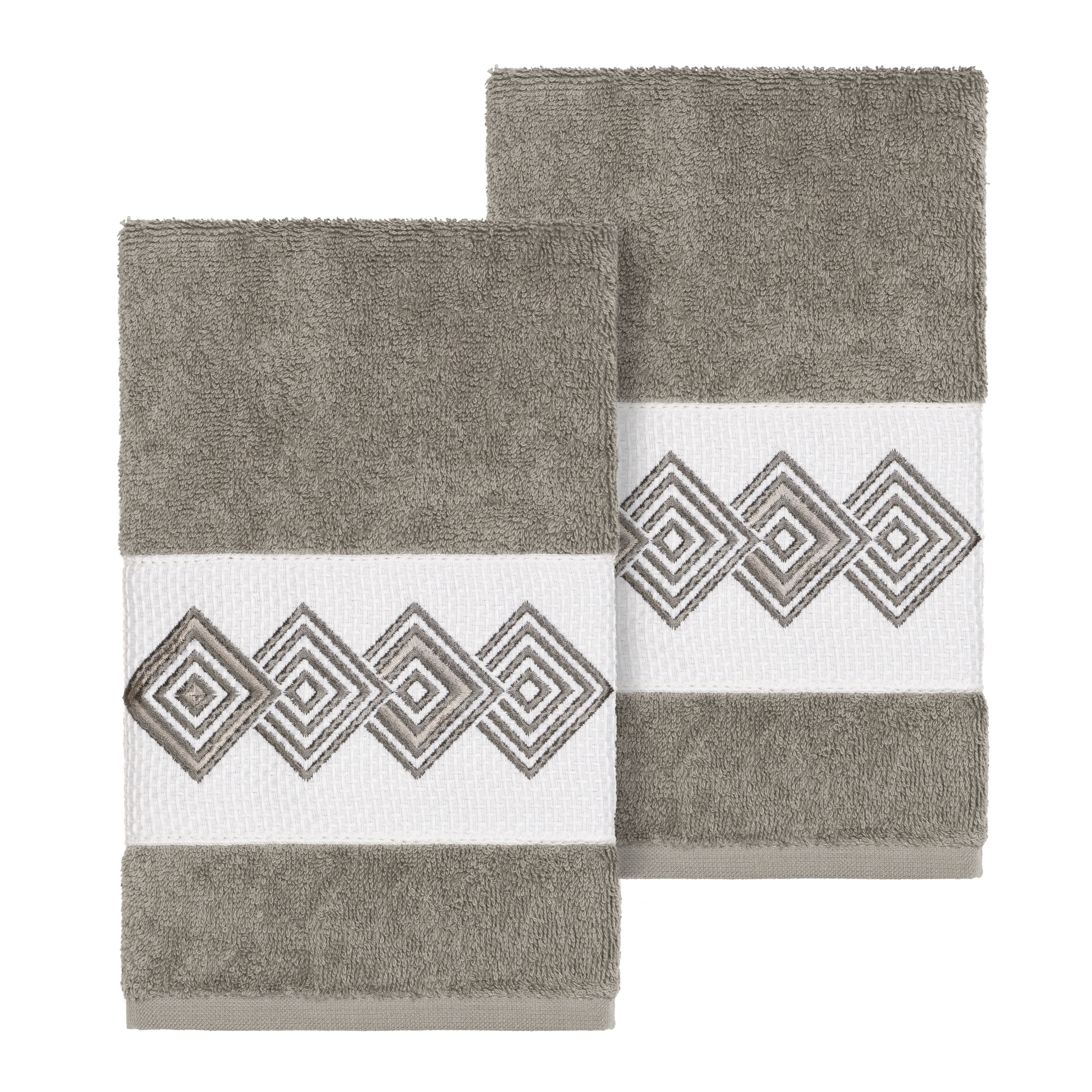 Authentic Hotel And Spa Turkish Cotton Diamonds Embroidered Dark Grey 2 Piece Towel Hand Set