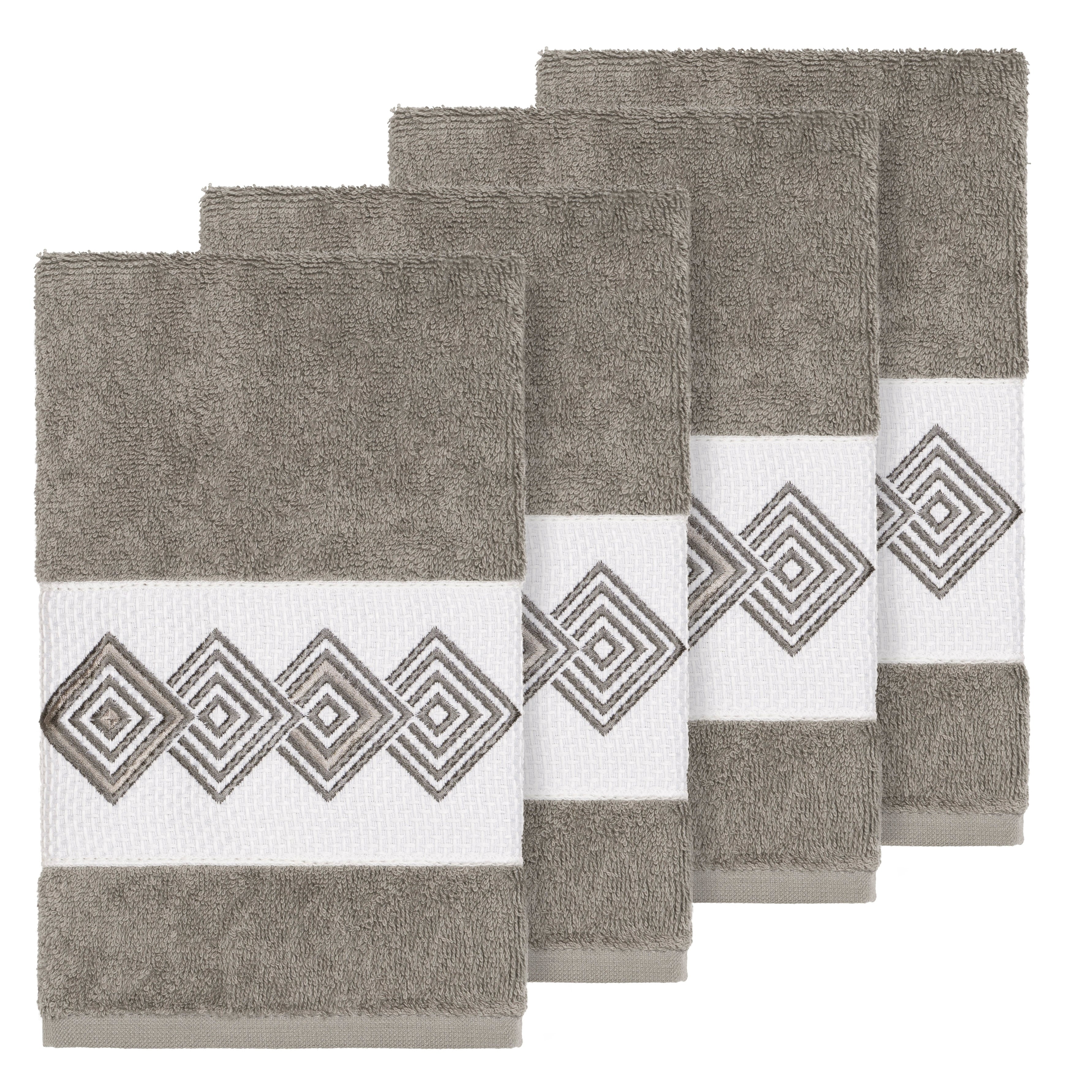 Authentic Hotel And Spa Turkish Cotton Diamonds Embroidered Dark Grey 4 Piece Hand Towel Set