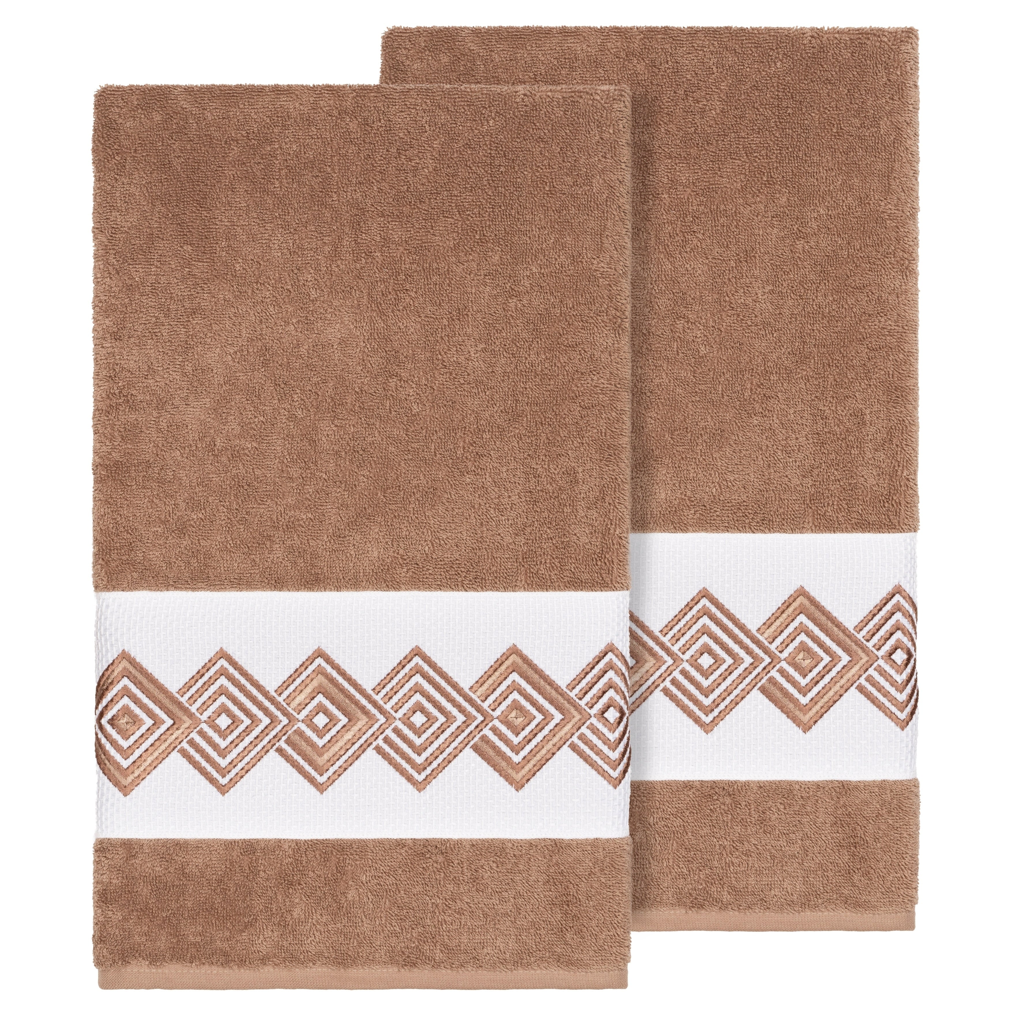 Authentic Hotel And Spa Turkish Cotton Diamonds Embroidered Latte Brown 2 Piece Bath Towel Set