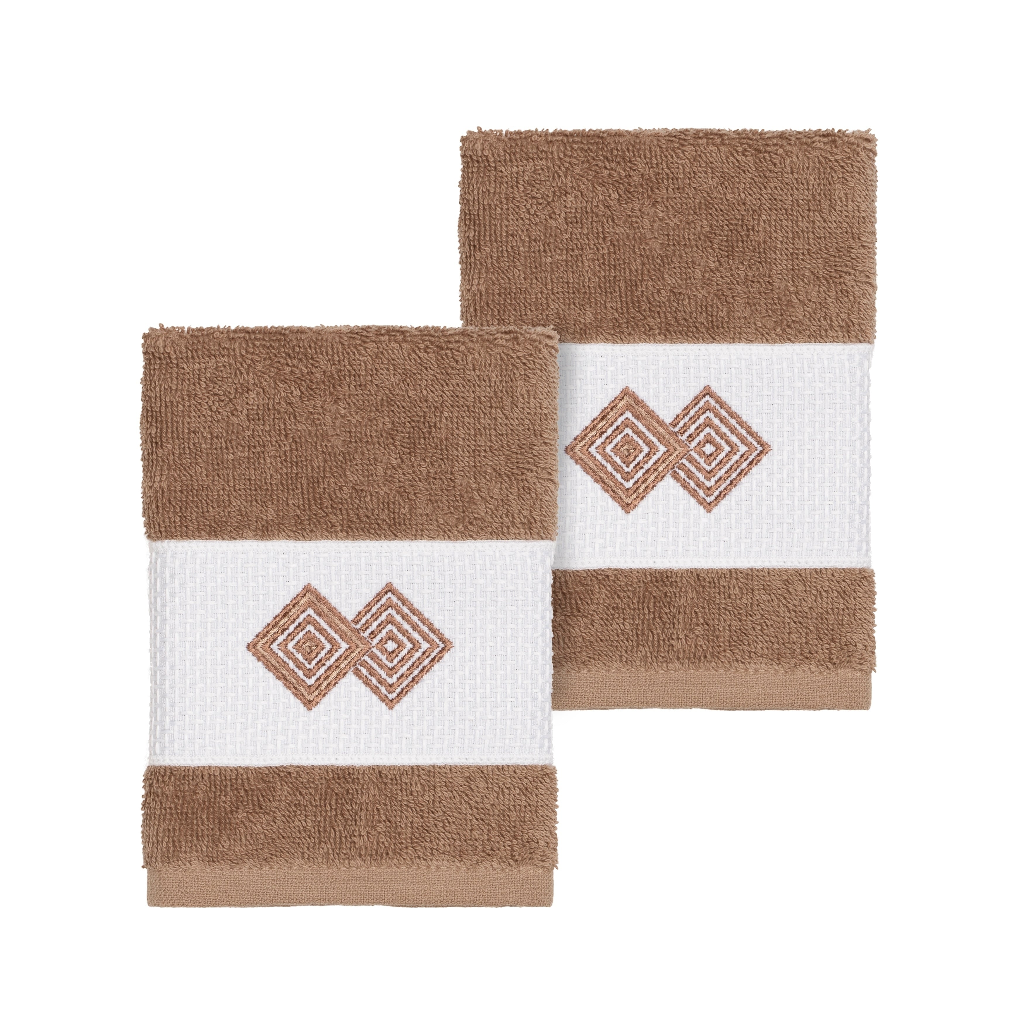 Authentic Hotel And Spa Turkish Cotton Diamonds Embroidered Latte Brown 2 Piece Washcloth Set