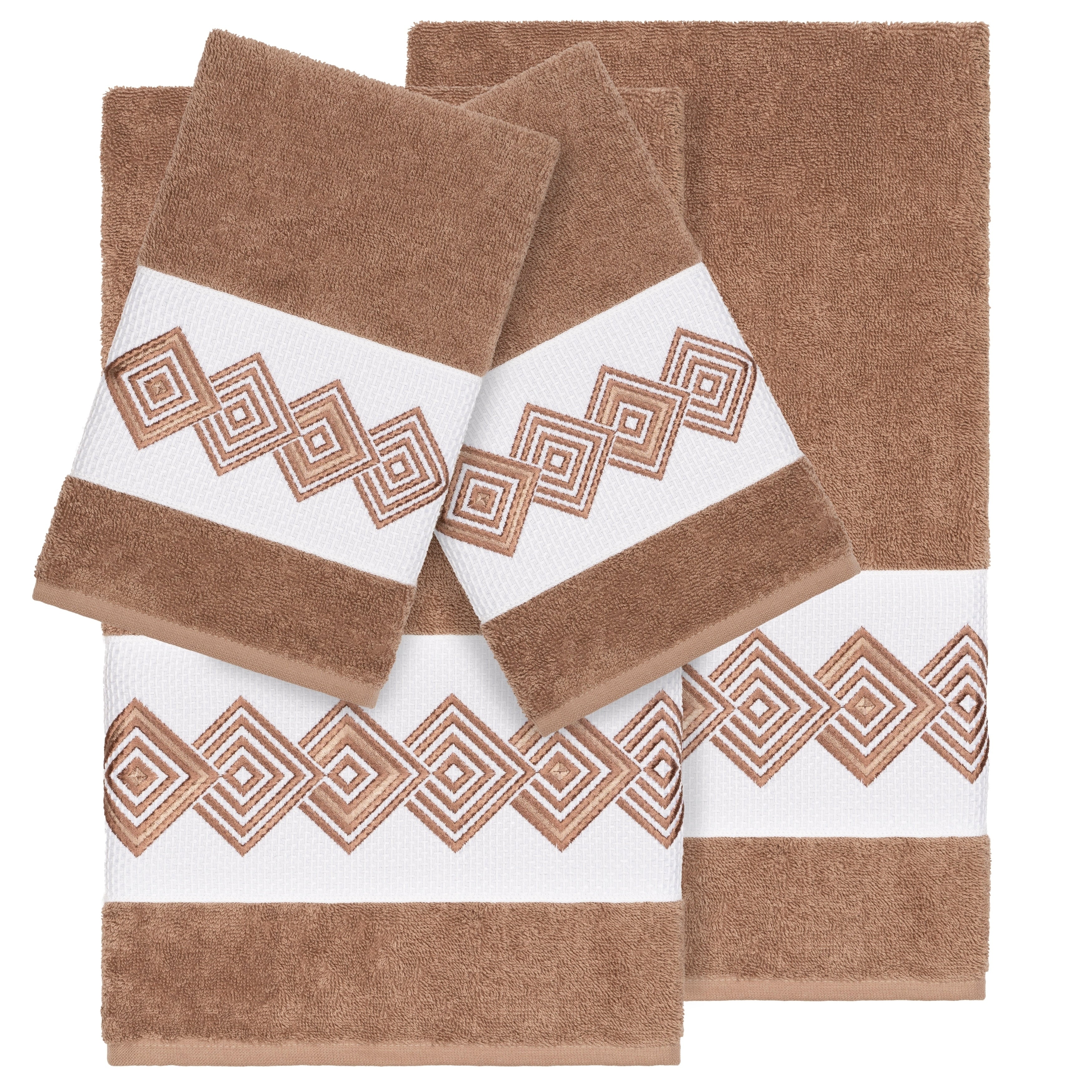 Authentic Hotel And Spa Turkish Cotton Diamonds Embroidered Latte Brown 4 Piece Towel Set