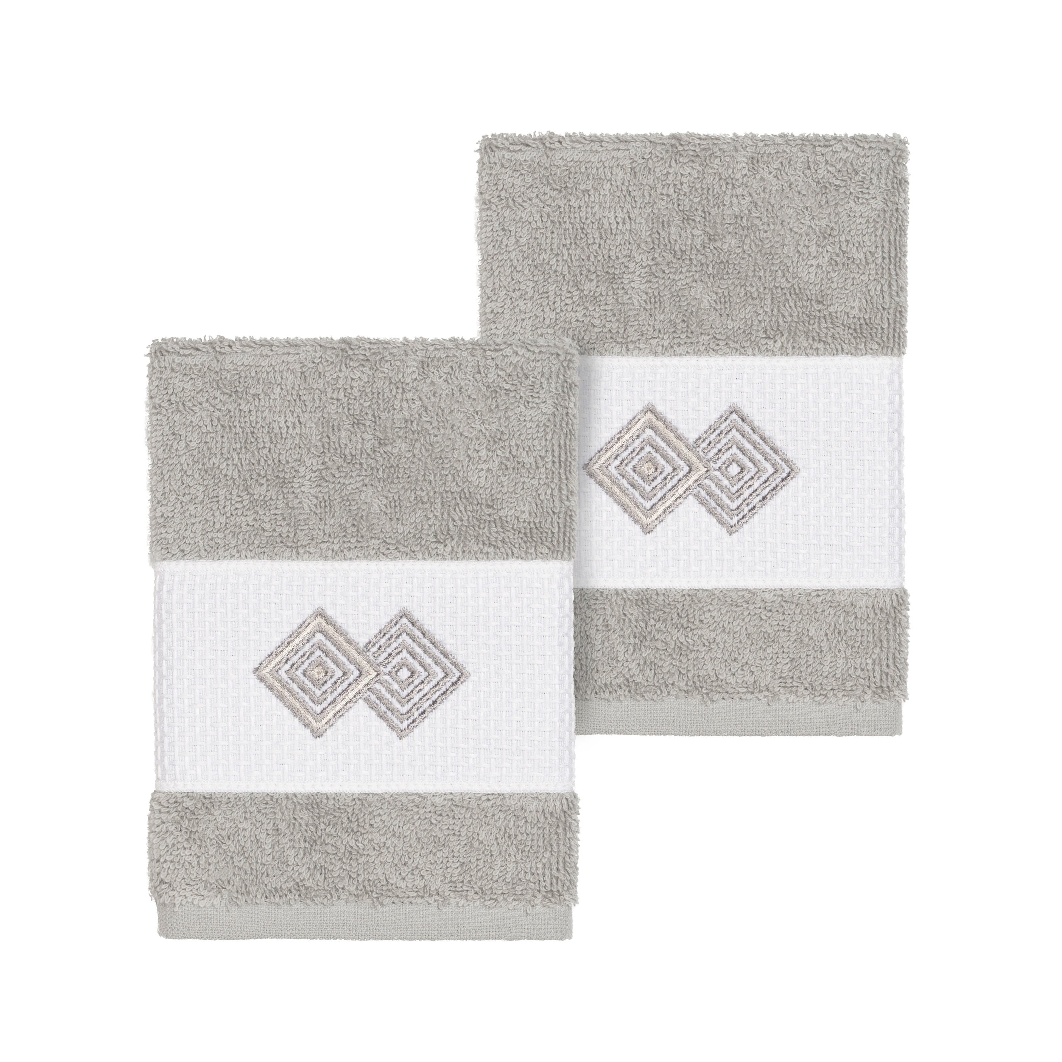 Authentic Hotel And Spa Turkish Cotton Diamonds Embroidered Light Grey 2 Piece Washcloth Set