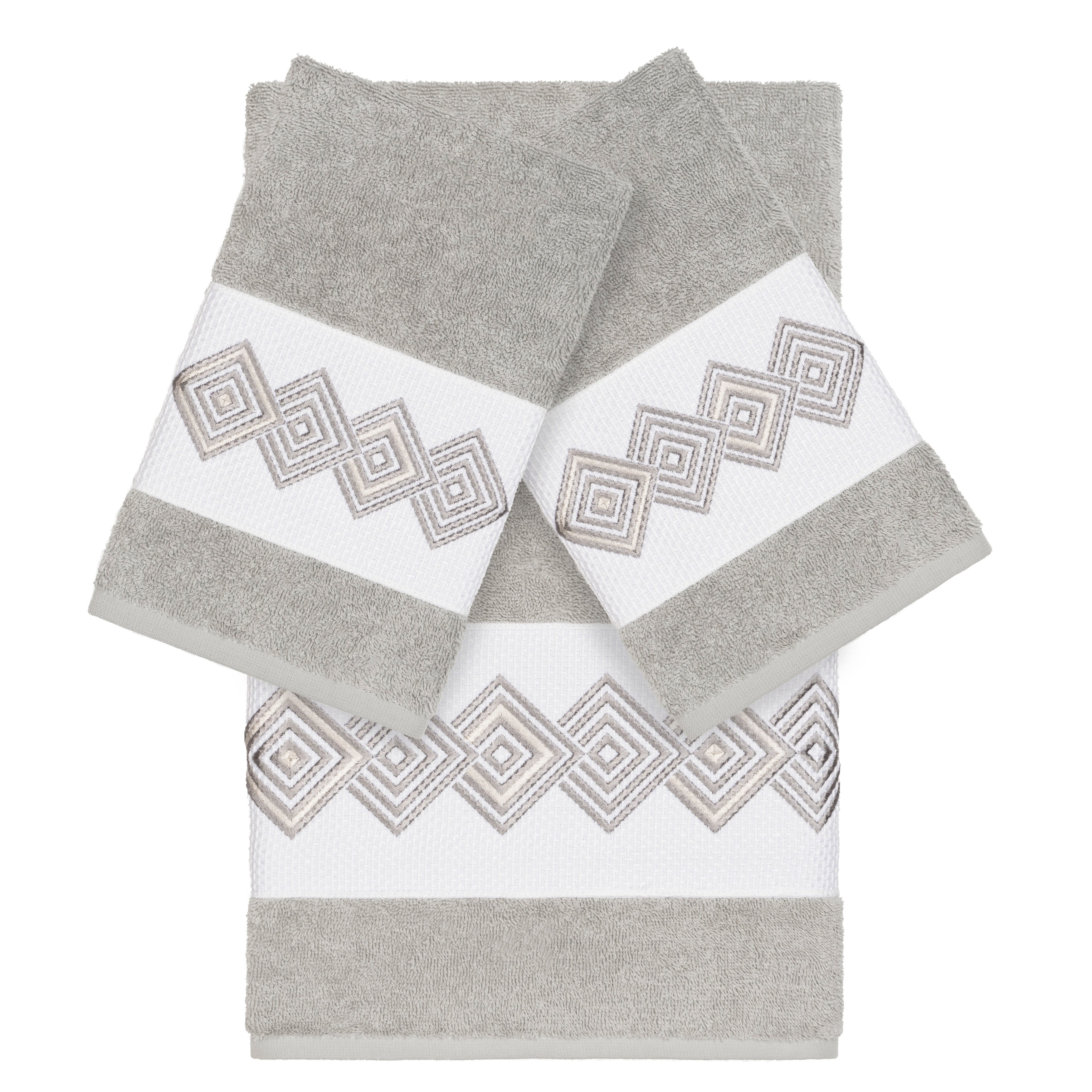 Authentic Hotel And Spa Turkish Cotton Diamonds Embroidered Light Grey 3 Piece Towel Set