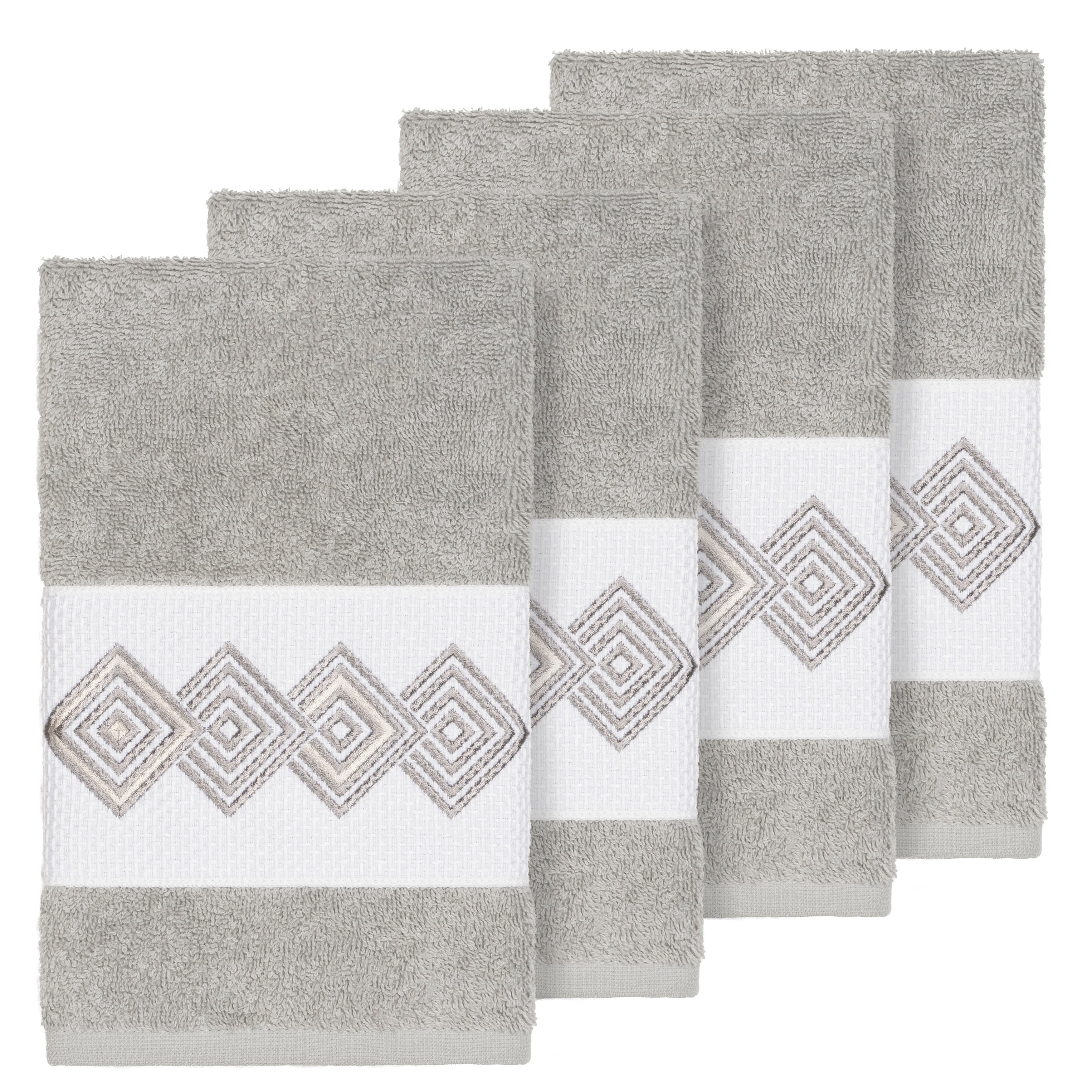 Authentic Hotel And Spa Turkish Cotton Diamonds Embroidered Light Grey 4 Piece Hand Towel Set