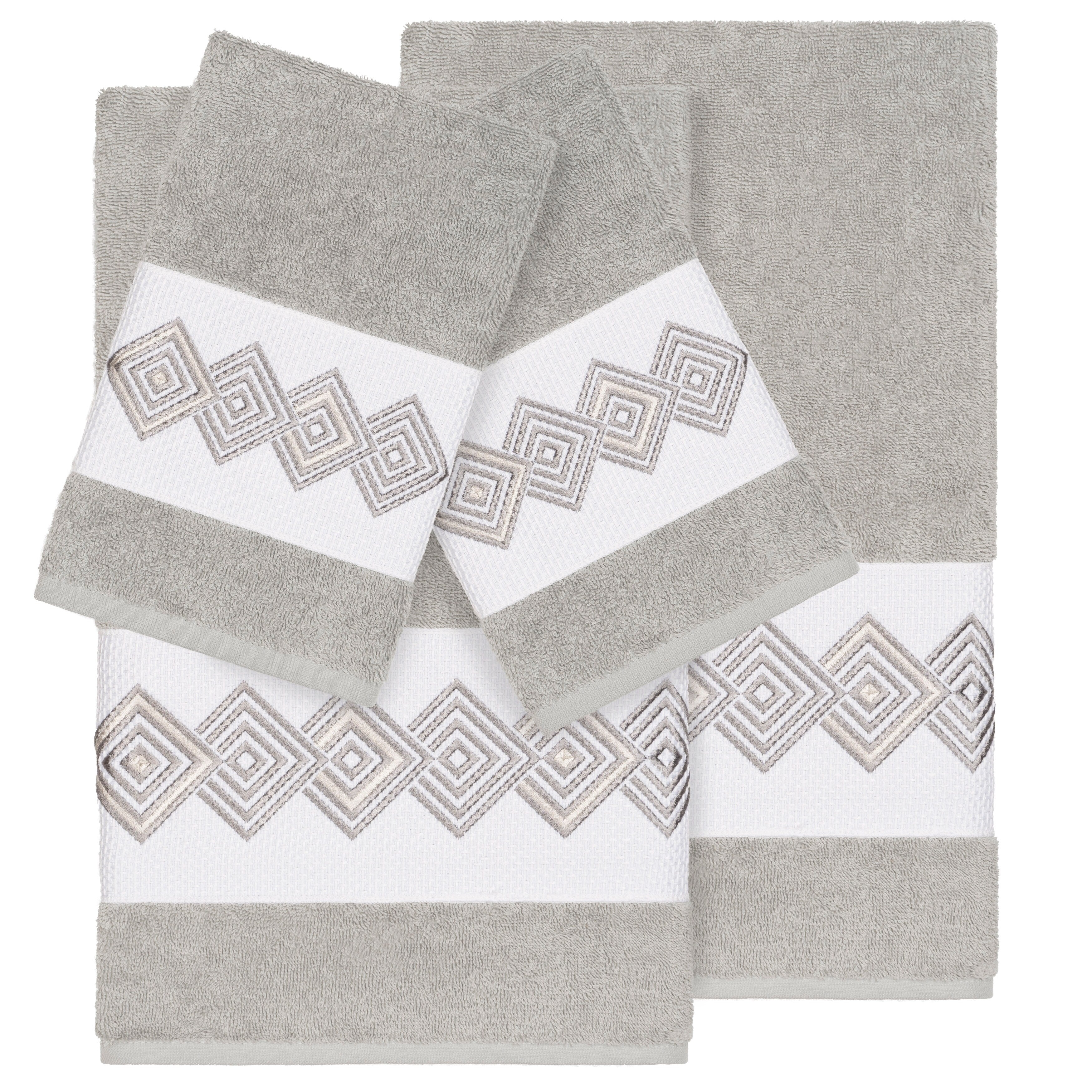 Authentic Hotel And Spa Turkish Cotton Diamonds Embroidered Light Grey 4 Piece Towel Set