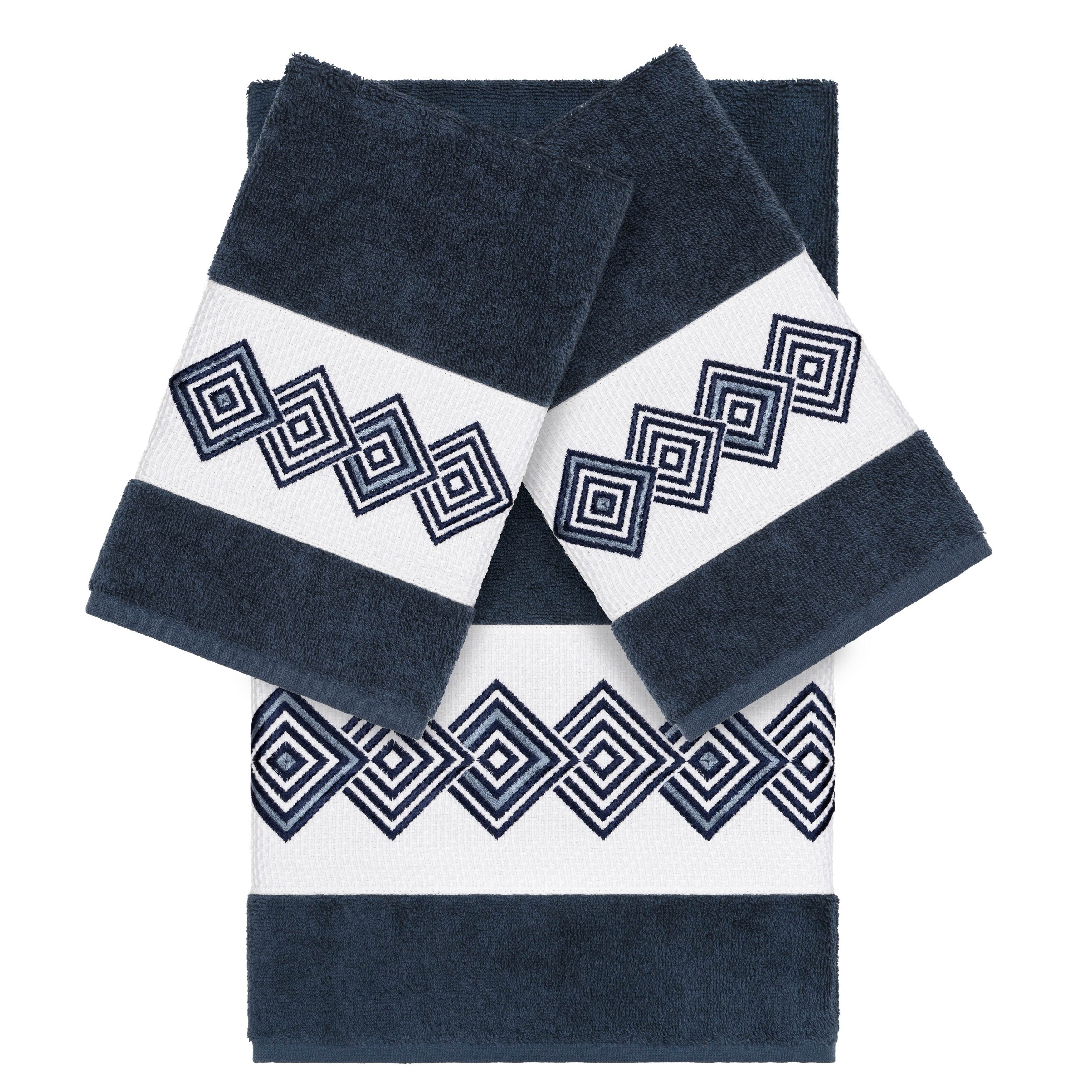 Authentic Hotel And Spa Turkish Cotton Diamonds Embroidered Midnight Blue 3 Piece Towel Set