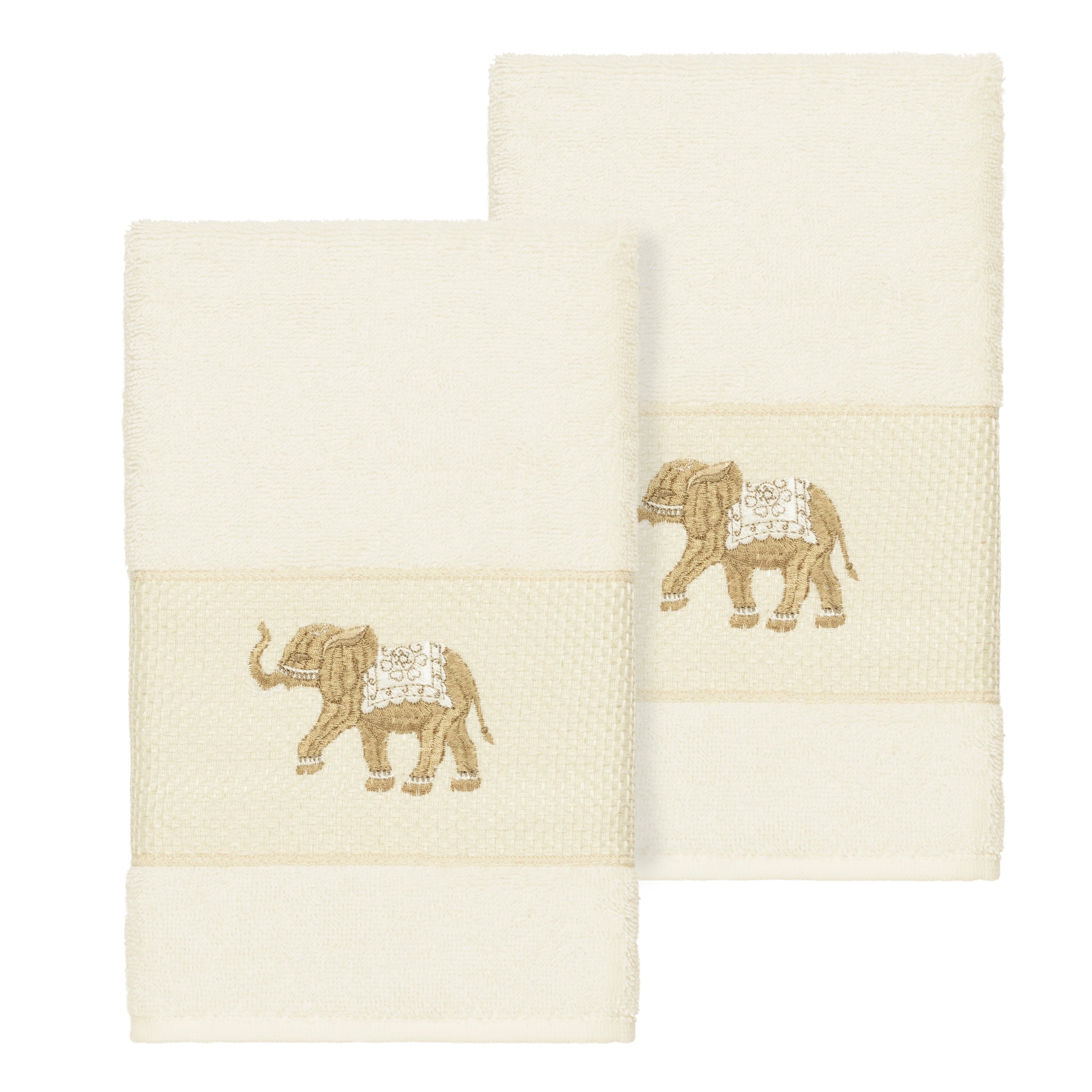 Authentic Hotel And Spa Turkish Cotton Elephants Embroidered Cream 2 Piece Towel Hand Set