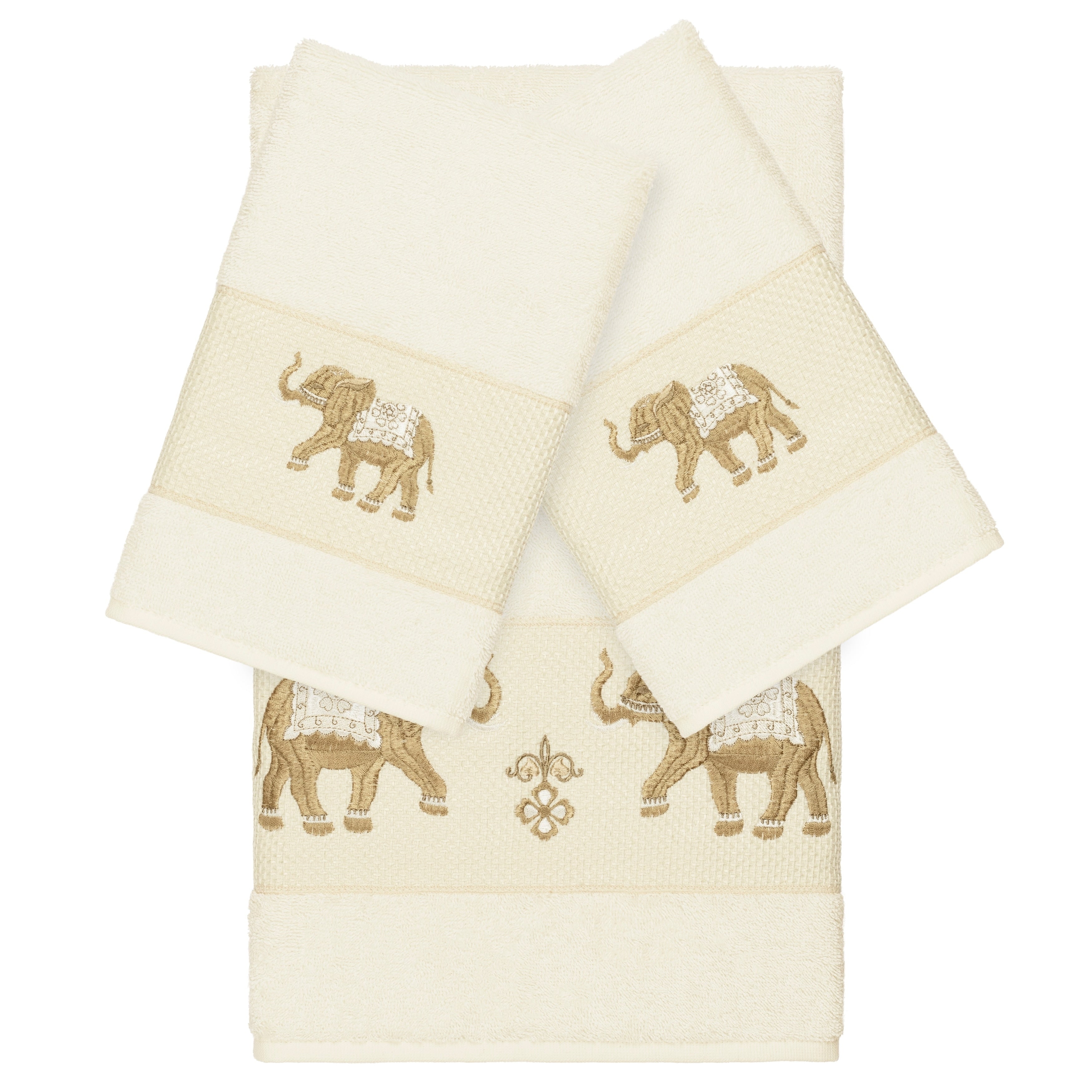 Authentic Hotel And Spa Turkish Cotton Elephants Embroidered Cream 3 Piece Towel Set