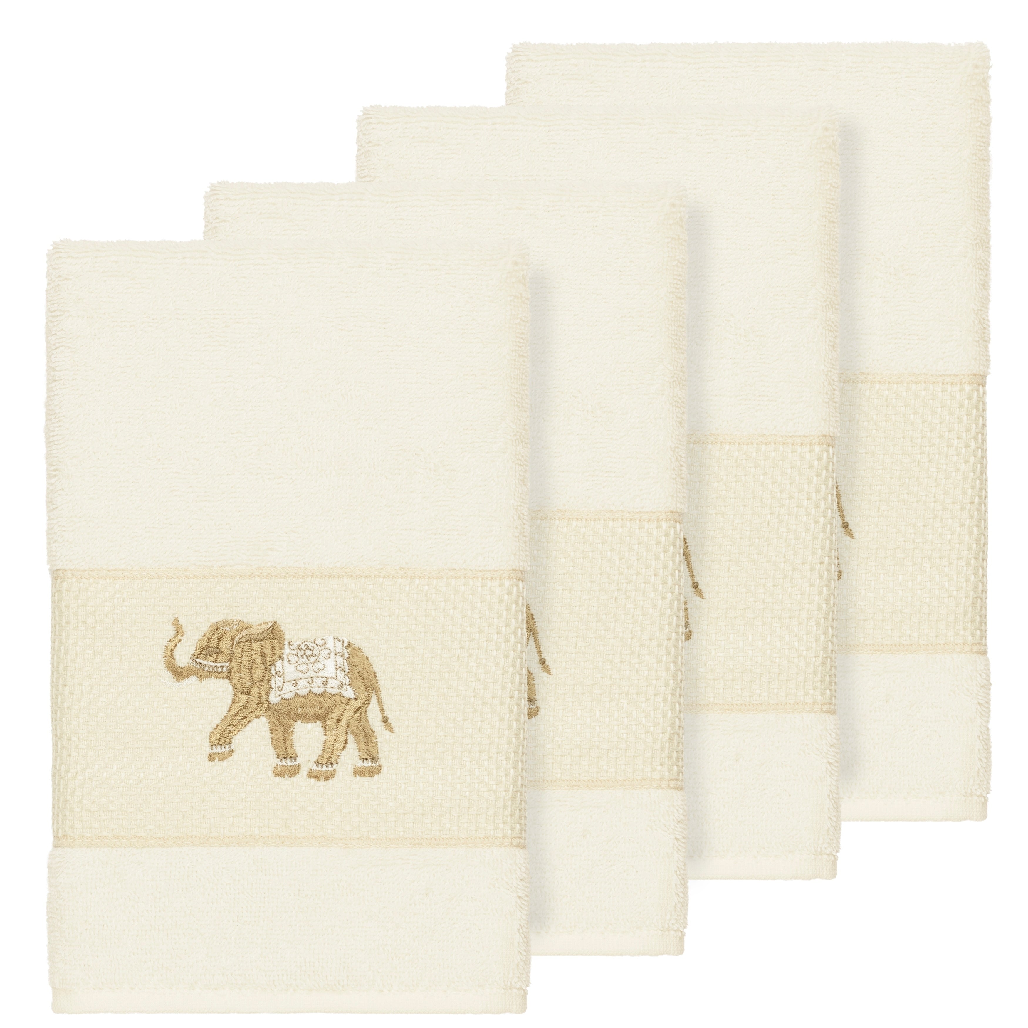 Authentic Hotel And Spa Turkish Cotton Elephants Embroidered Cream 4 Piece Hand Towel Set