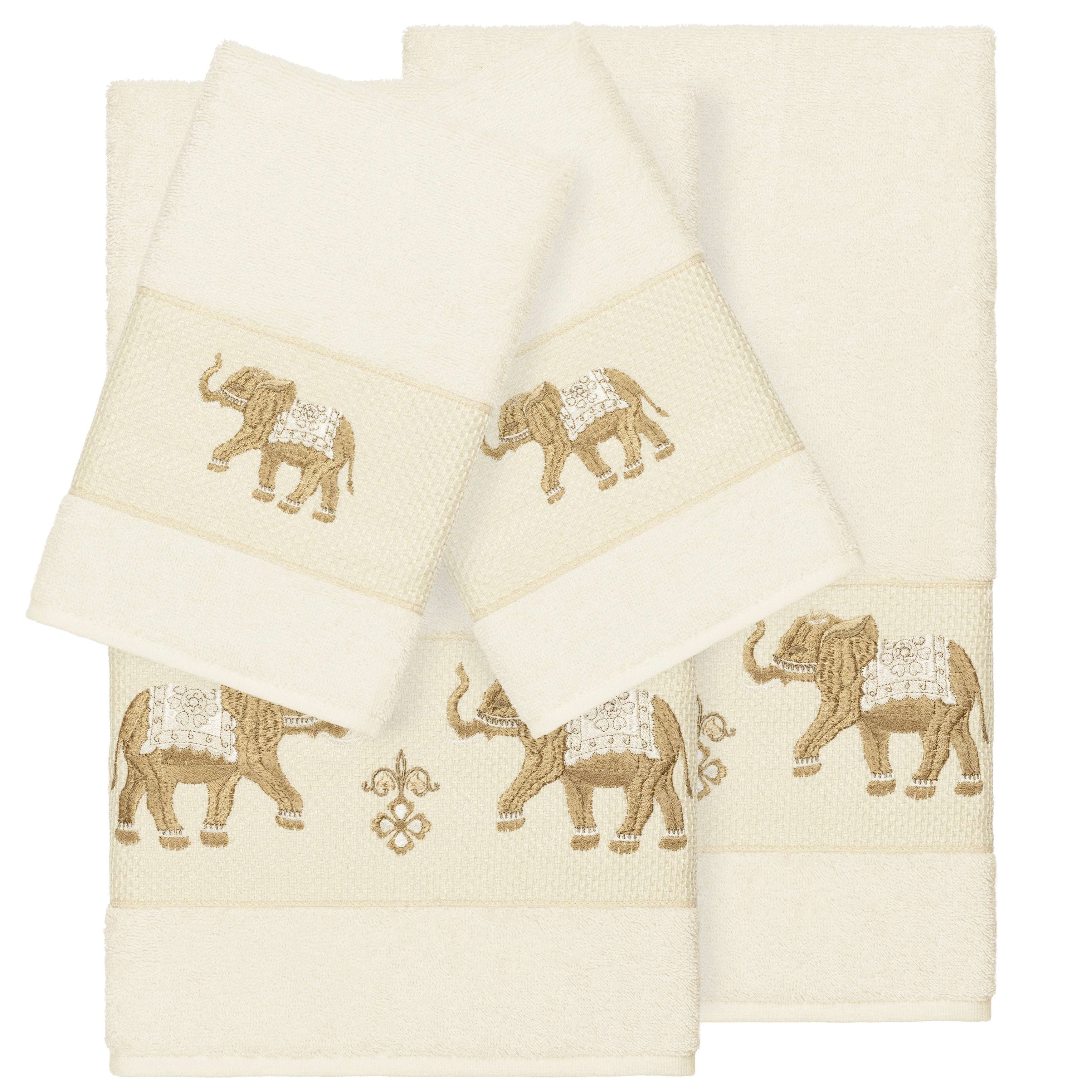 Authentic Hotel And Spa Turkish Cotton Elephants Embroidered Cream 4 Piece Towel Set