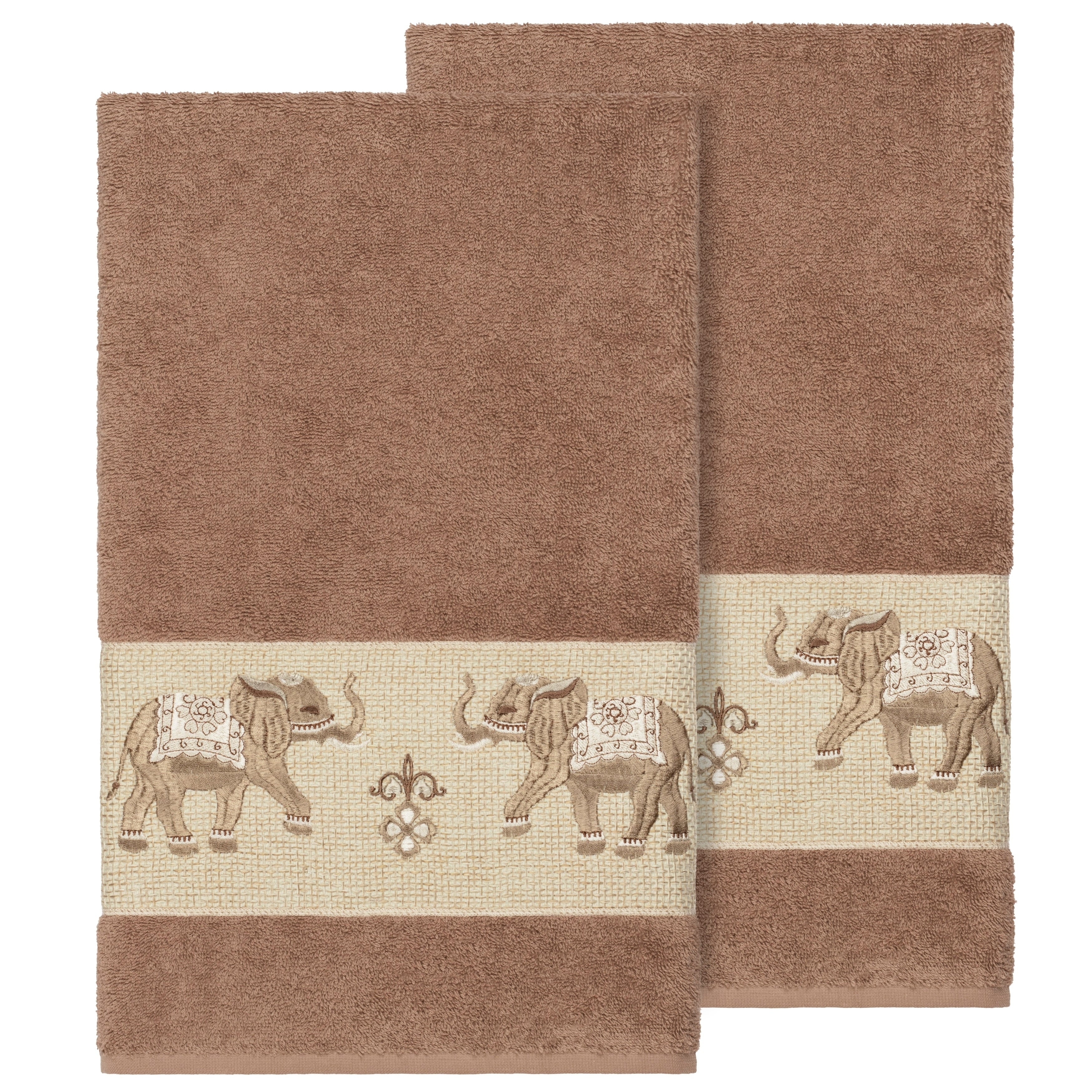 Authentic Hotel And Spa Turkish Cotton Elephants Embroidered Latte Brown 2 Piece Bath Towel Set