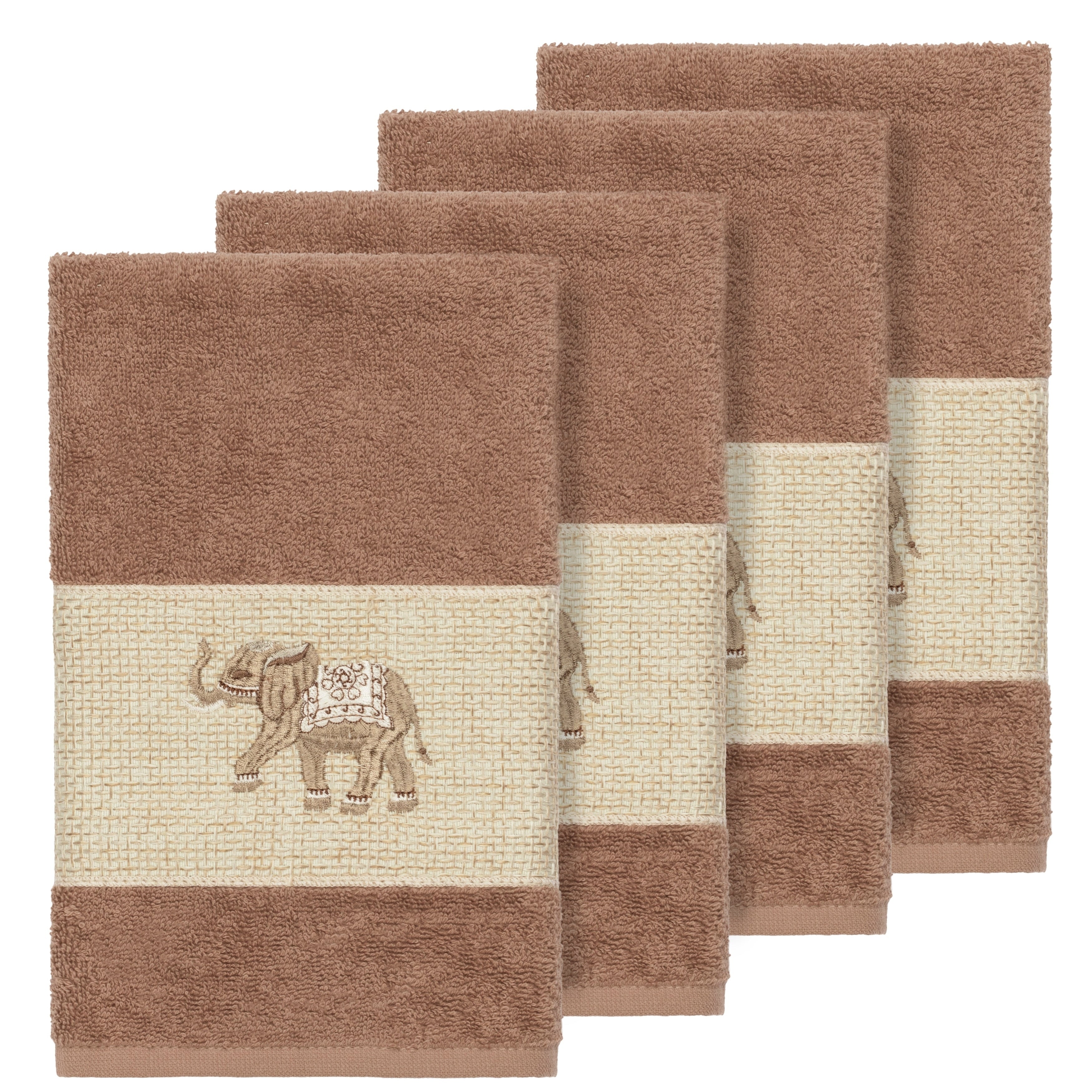 Authentic Hotel And Spa Turkish Cotton Elephants Embroidered Latte Brown 4 Piece Hand Towel Set