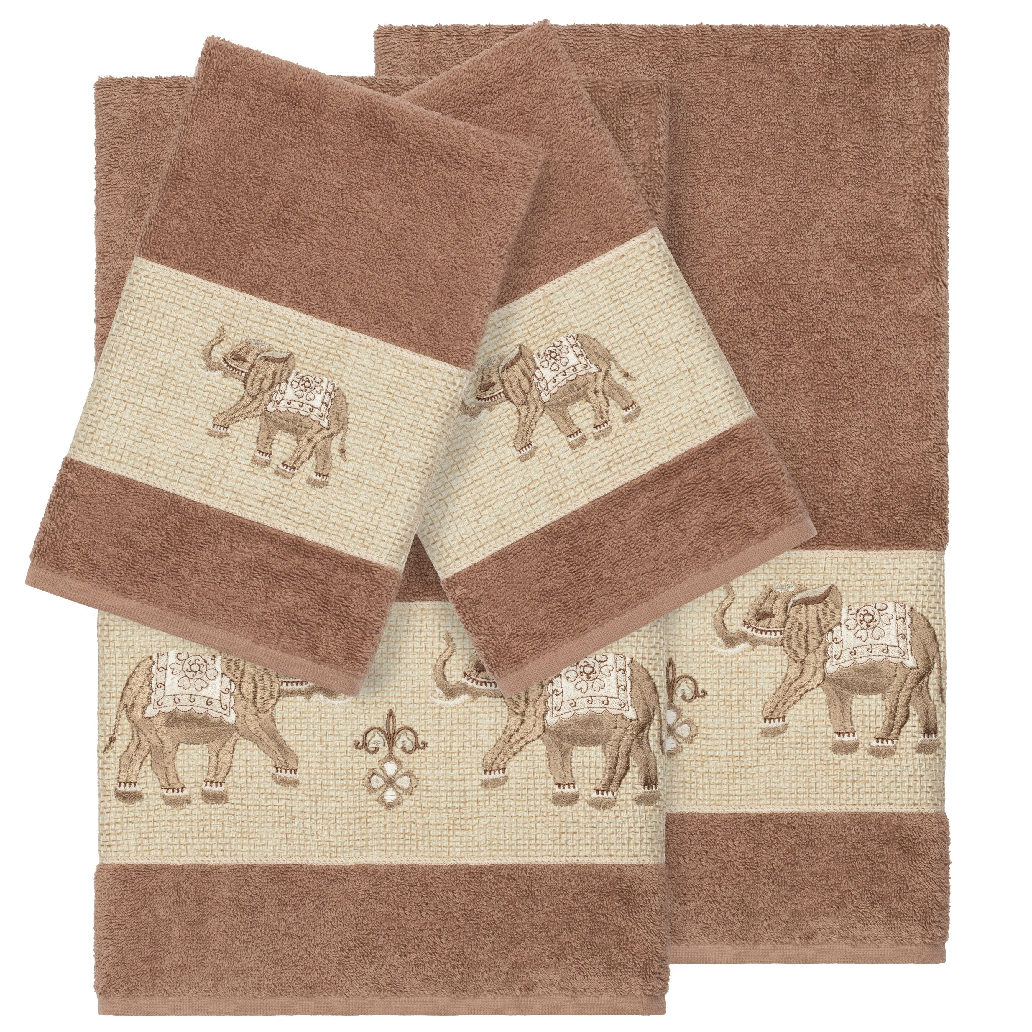 Authentic Hotel And Spa Turkish Cotton Elephants Embroidered Latte Brown 4 Piece Towel Set