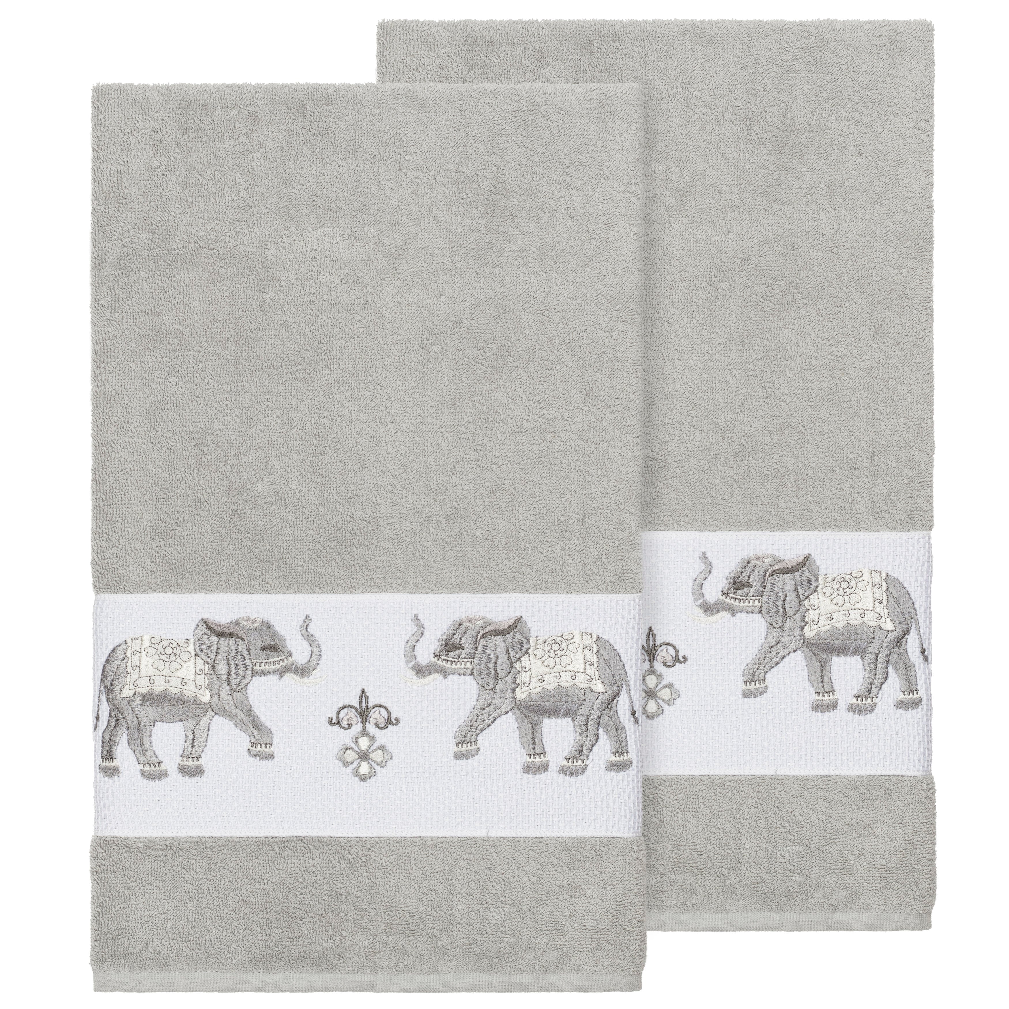 Authentic Hotel And Spa Turkish Cotton Elephants Embroidered Light Grey 2 Piece Bath Towel Set
