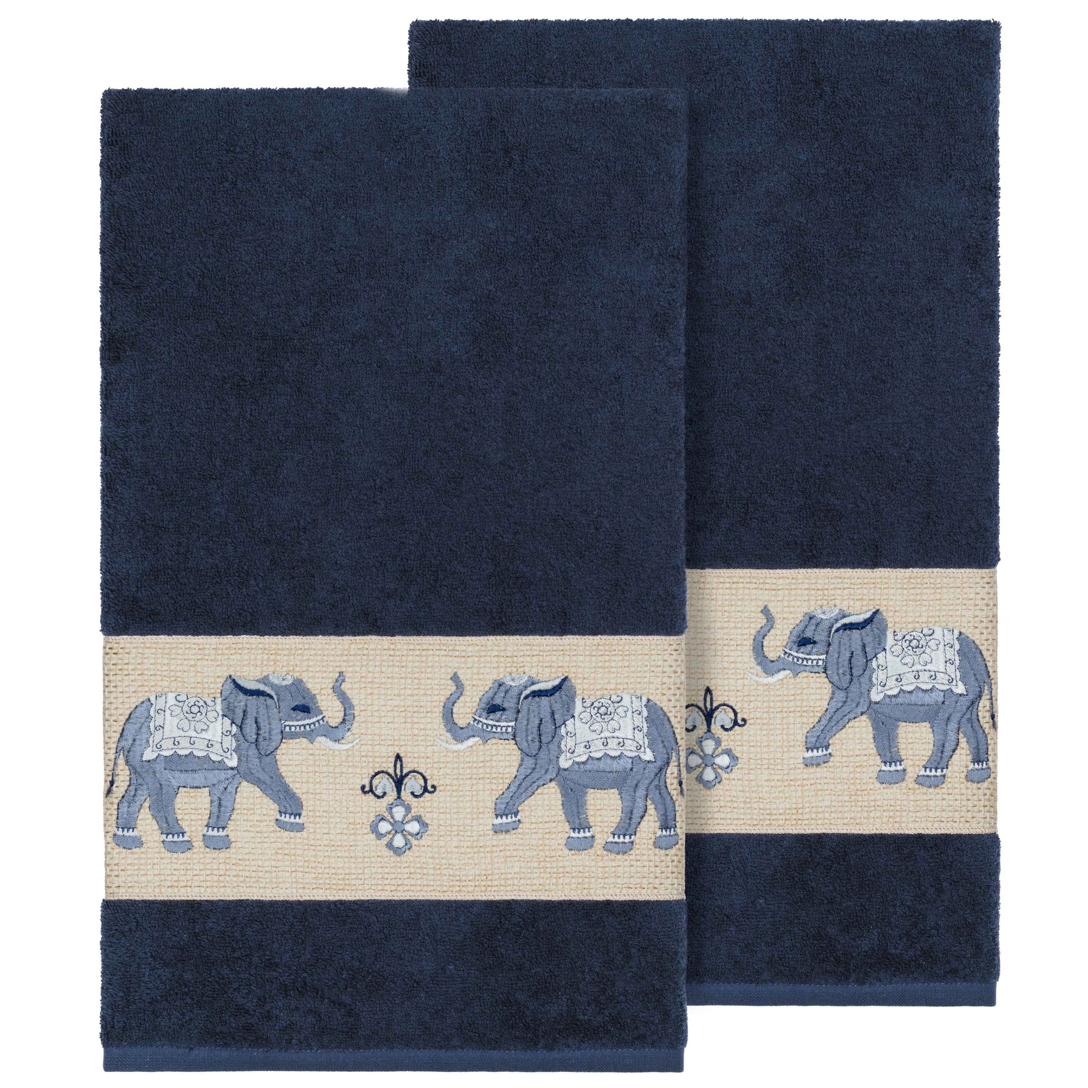 Authentic Hotel And Spa Turkish Cotton Elephants Embroidered Midnight Blue 2 Piece Bath Towel Set