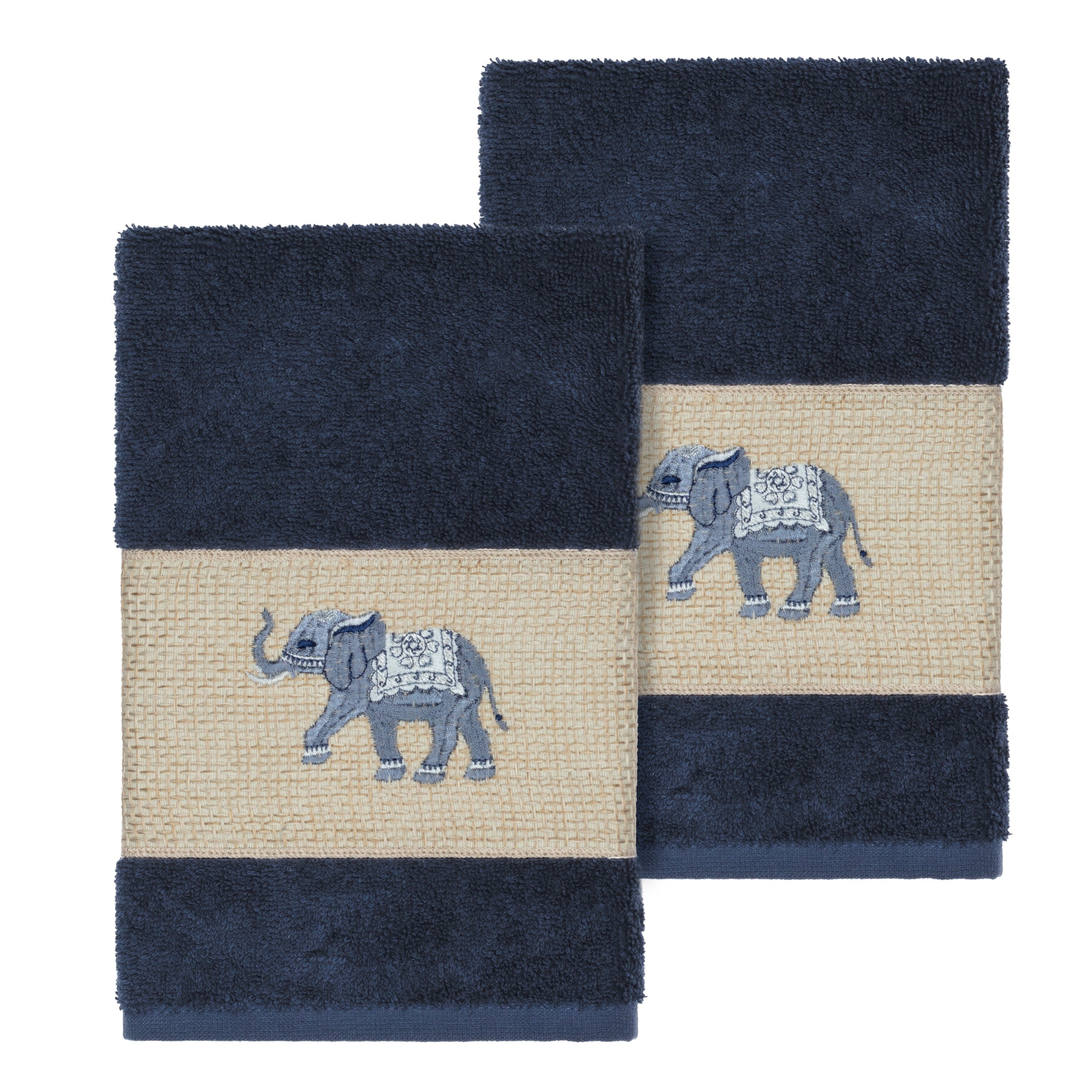 Authentic Hotel And Spa Turkish Cotton Elephants Embroidered Midnight Blue 2 Piece Towel Hand Set