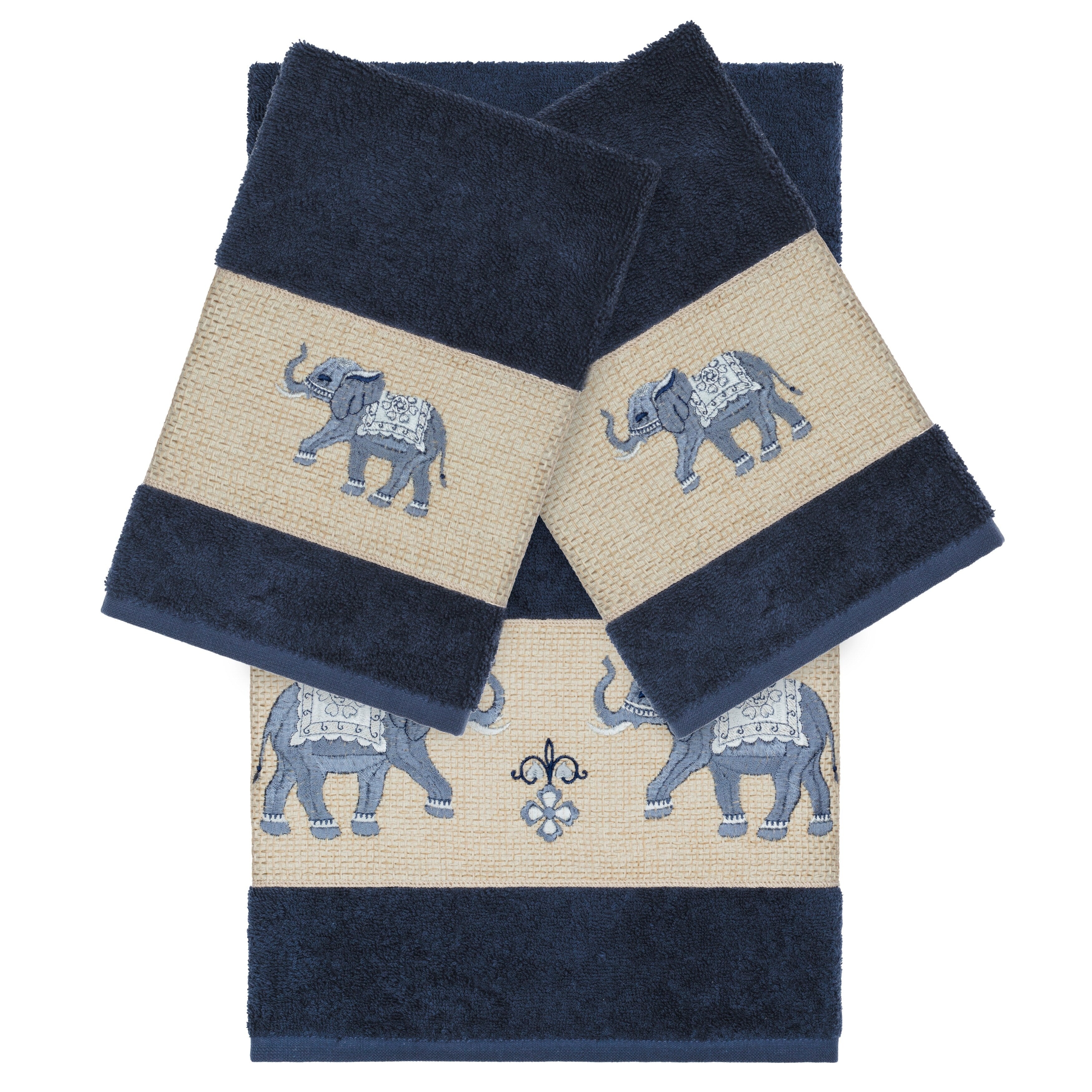 Authentic Hotel And Spa Turkish Cotton Elephants Embroidered Midnight Blue 3 Piece Towel Set