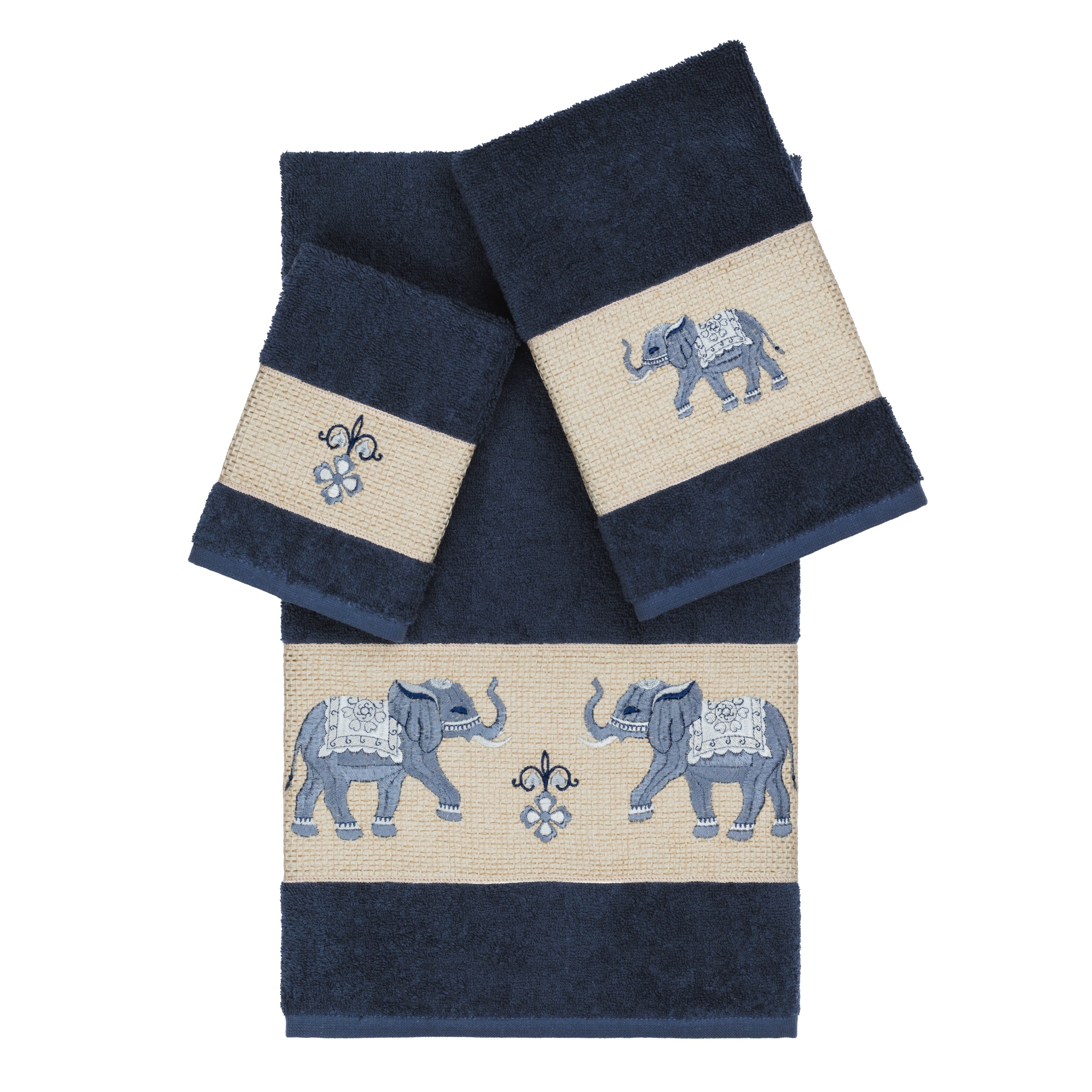 Authentic Hotel And Spa Turkish Cotton Elephants Embroidered Midnight Blue 3 Piece Towel Set