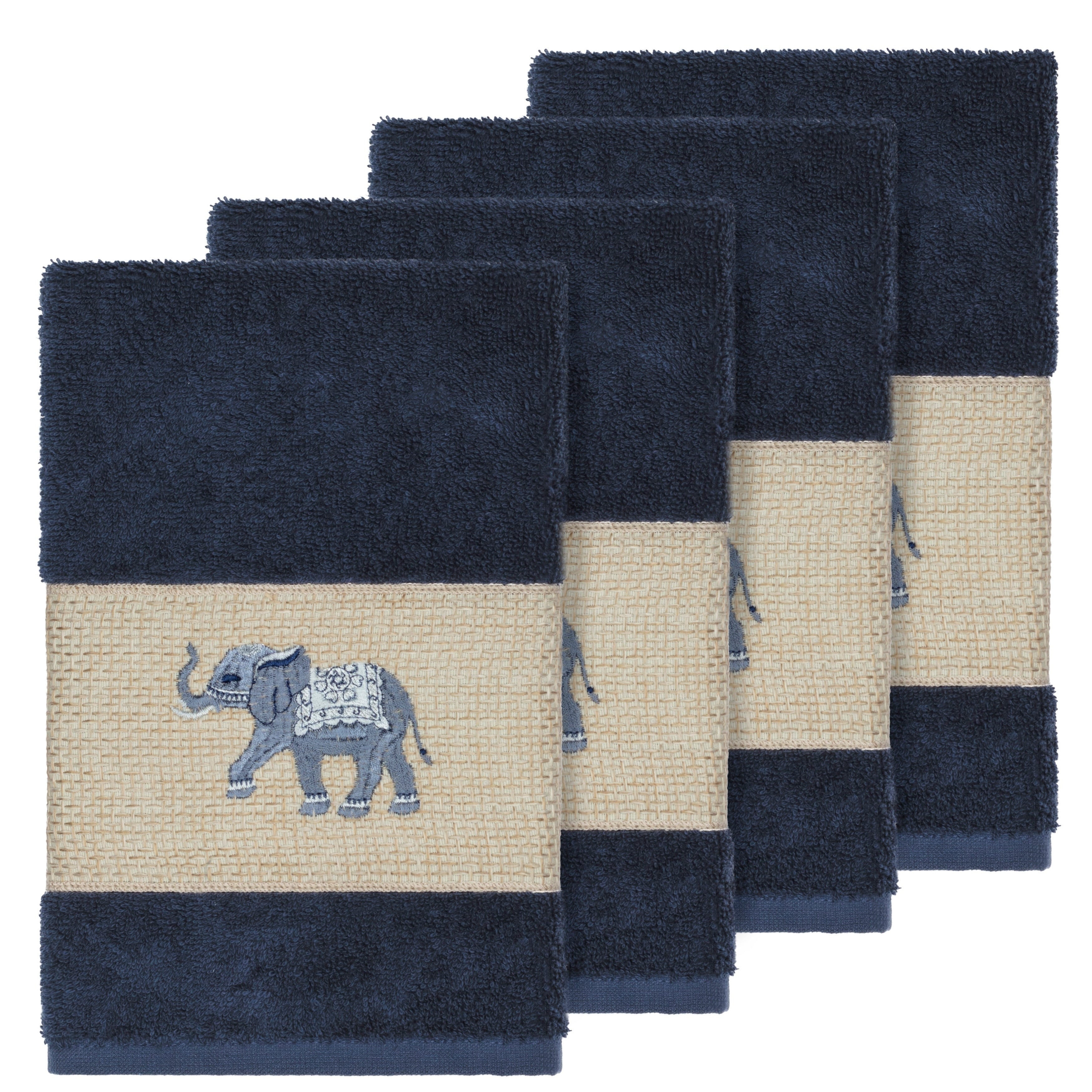 Authentic Hotel And Spa Turkish Cotton Elephants Embroidered Midnight Blue 4 Piece Hand Towel Set