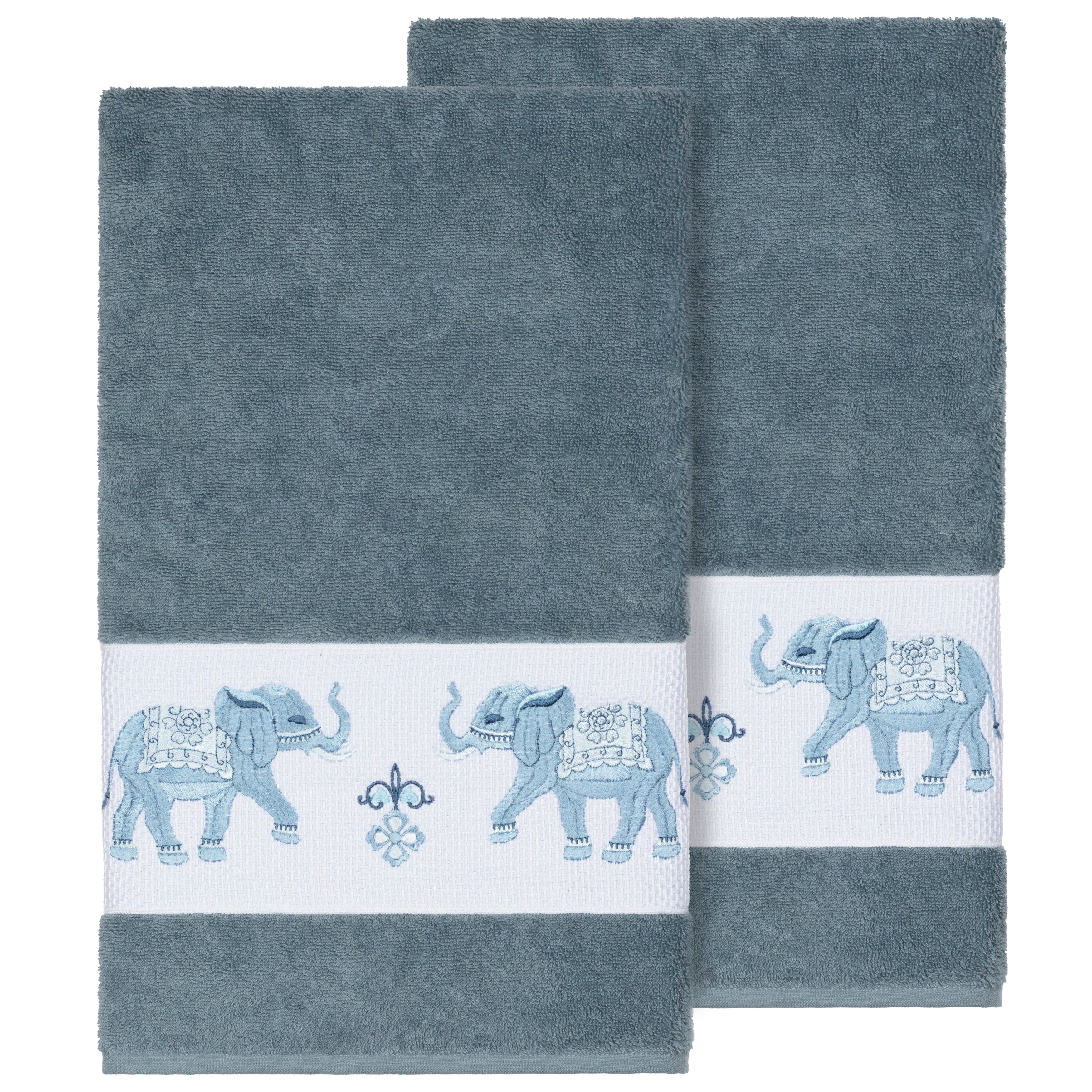 Authentic Hotel And Spa Turkish Cotton Elephants Embroidered Teal Blue 2 Piece Bath Towel Set