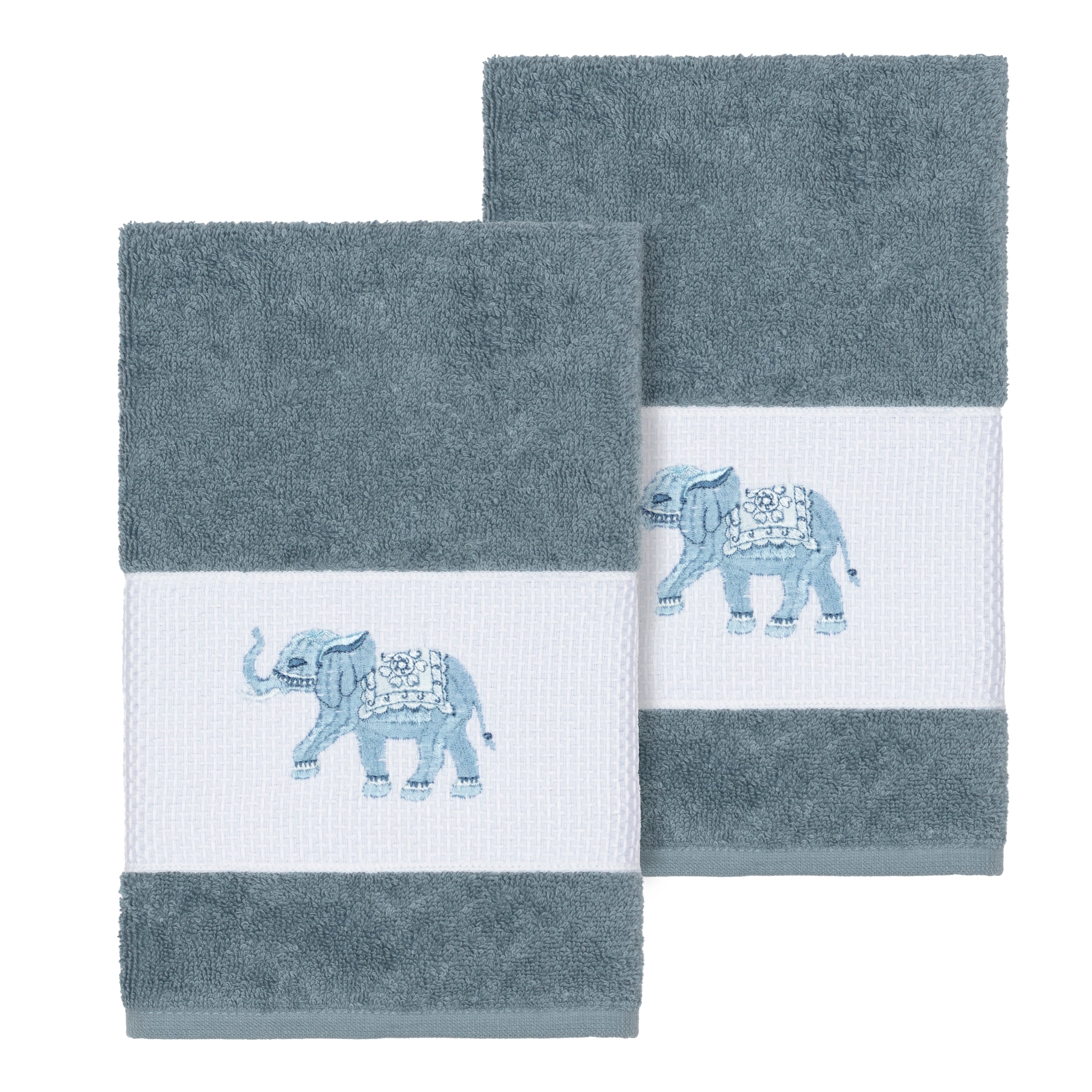 Authentic Hotel And Spa Turkish Cotton Elephants Embroidered Teal Blue 2 Piece Towel Hand Set
