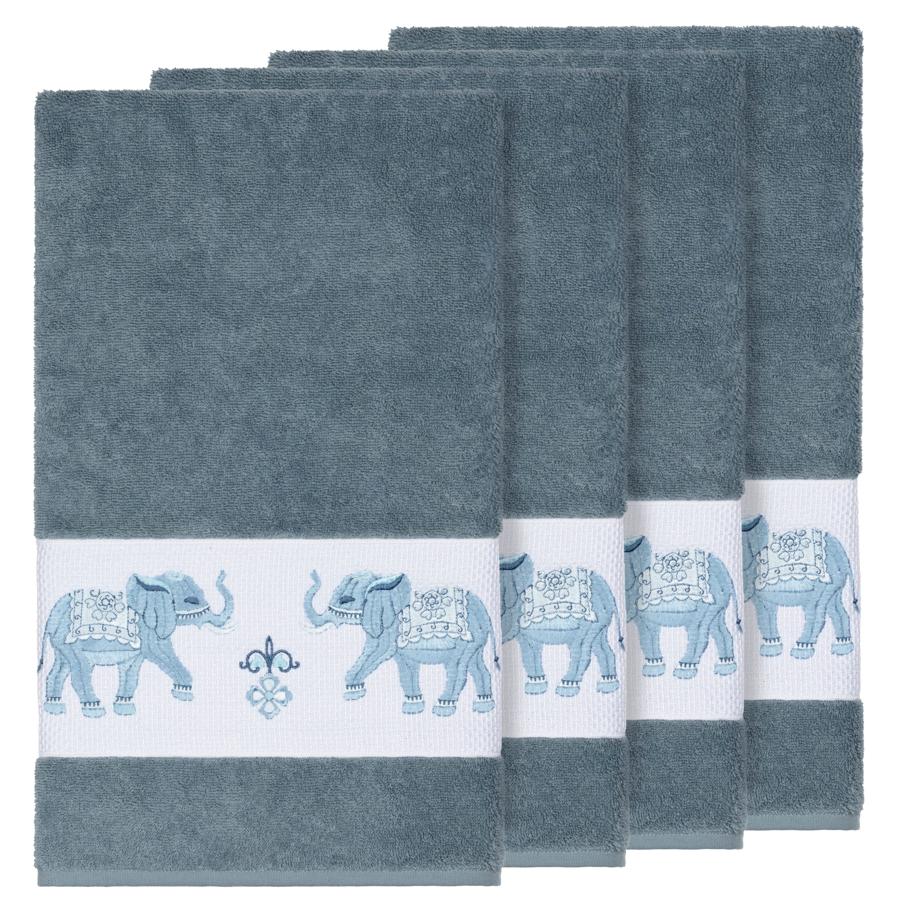 Authentic Hotel And Spa Turkish Cotton Elephants Embroidered Teal Blue 4 Piece Bath Towel Set