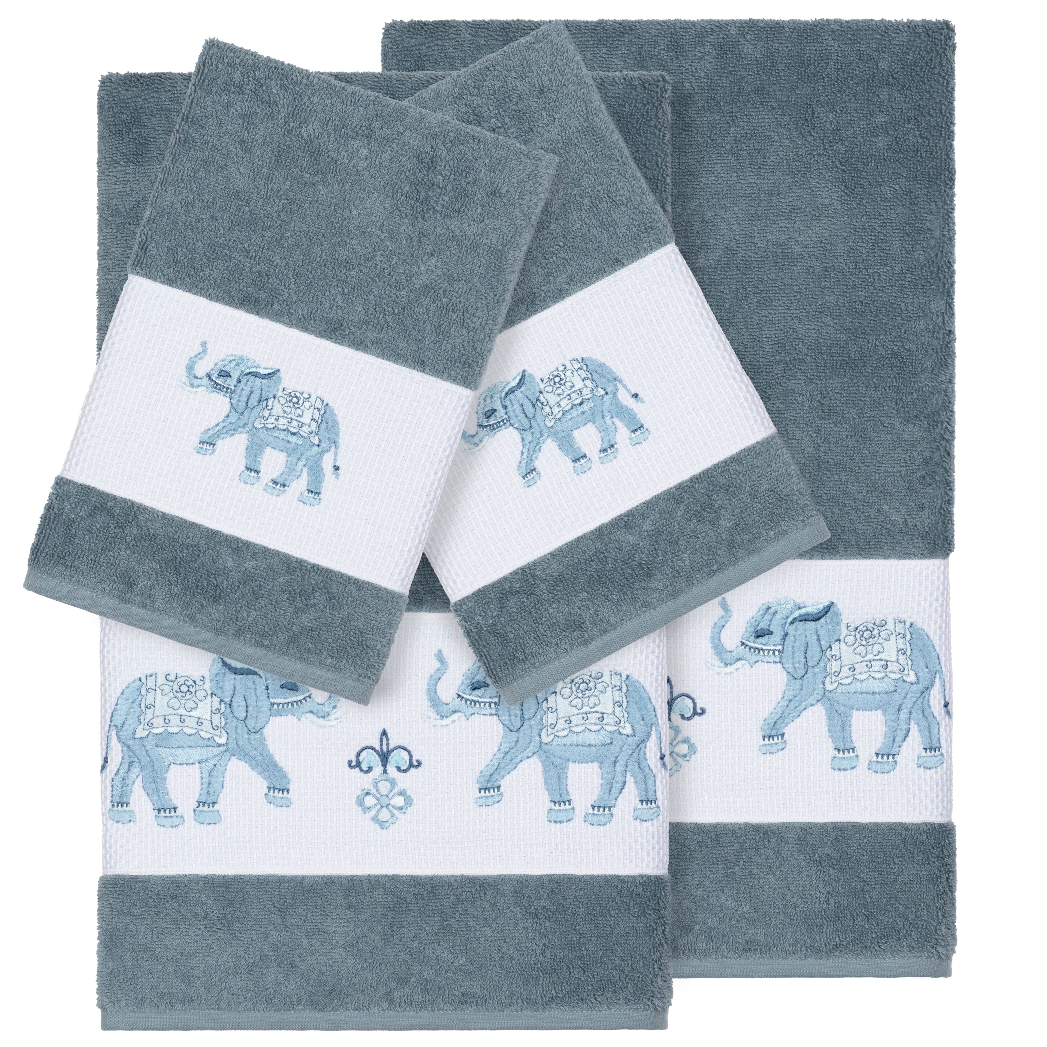Authentic Hotel And Spa Turkish Cotton Elephants Embroidered Teal Blue 4 Piece Towel Set