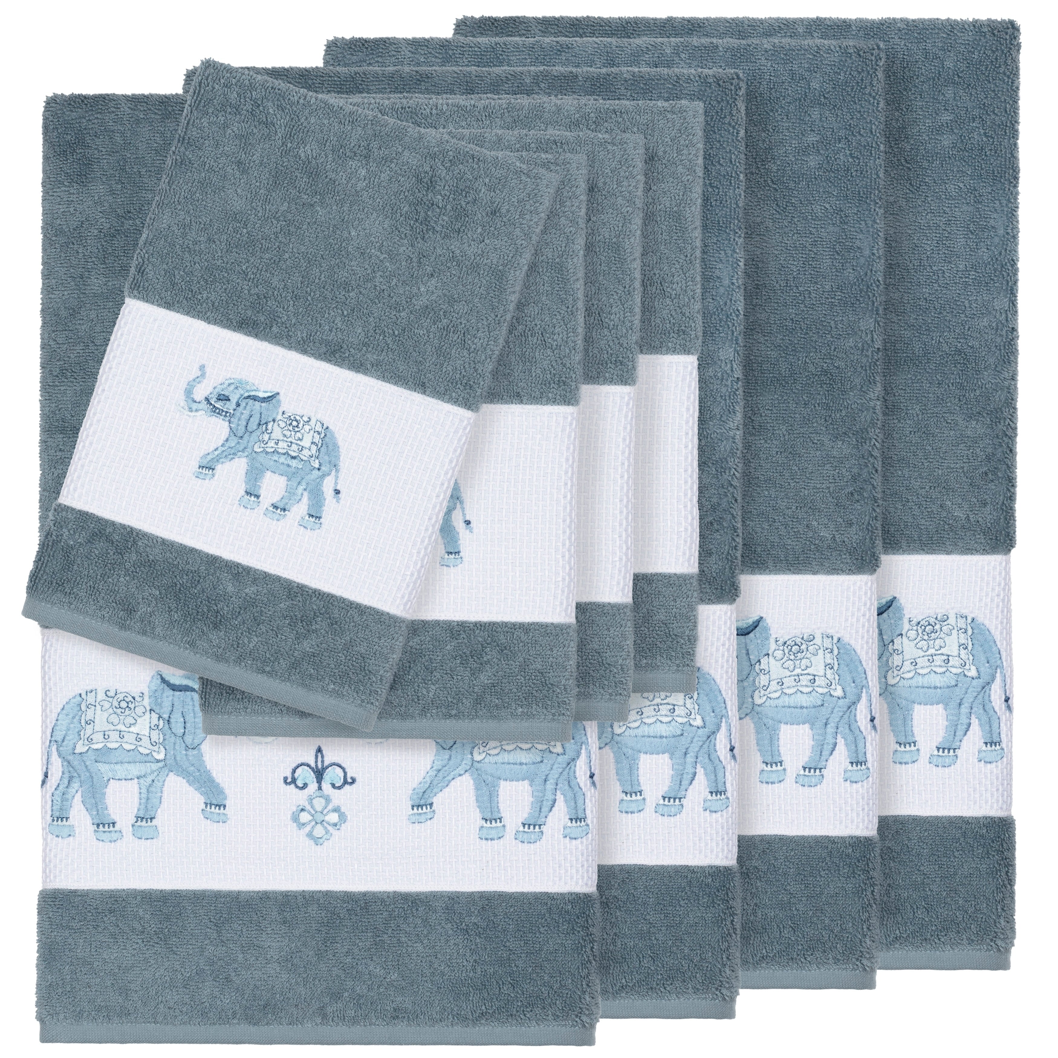 Authentic Hotel And Spa Turkish Cotton Elephants Embroidered Teal Blue 8 Piece Towel Set