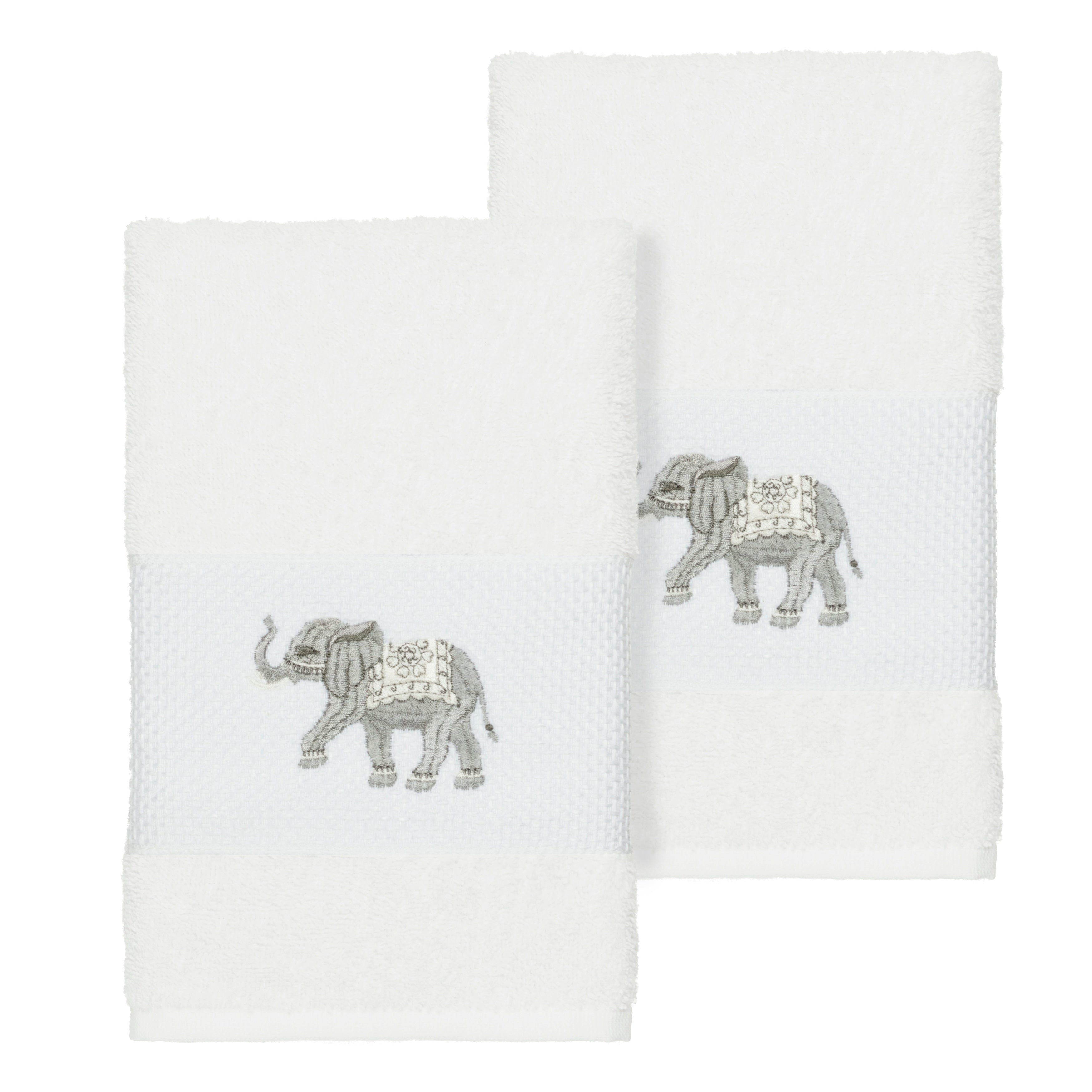 Authentic Hotel And Spa Turkish Cotton Elephants Embroidered White 2 Piece Towel Hand Set