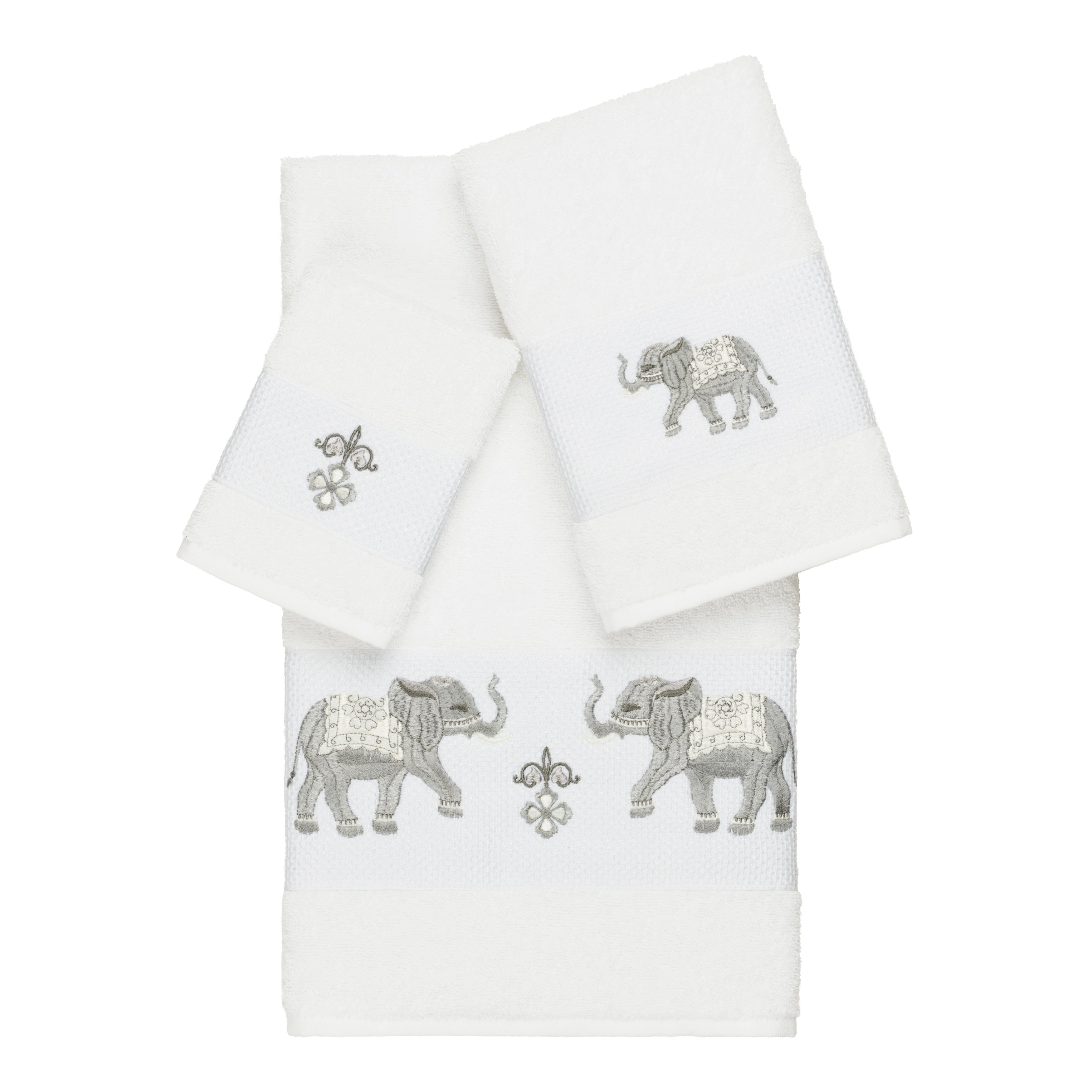 Authentic Hotel And Spa Turkish Cotton Elephants Embroidered White 3 Piece Towel Set