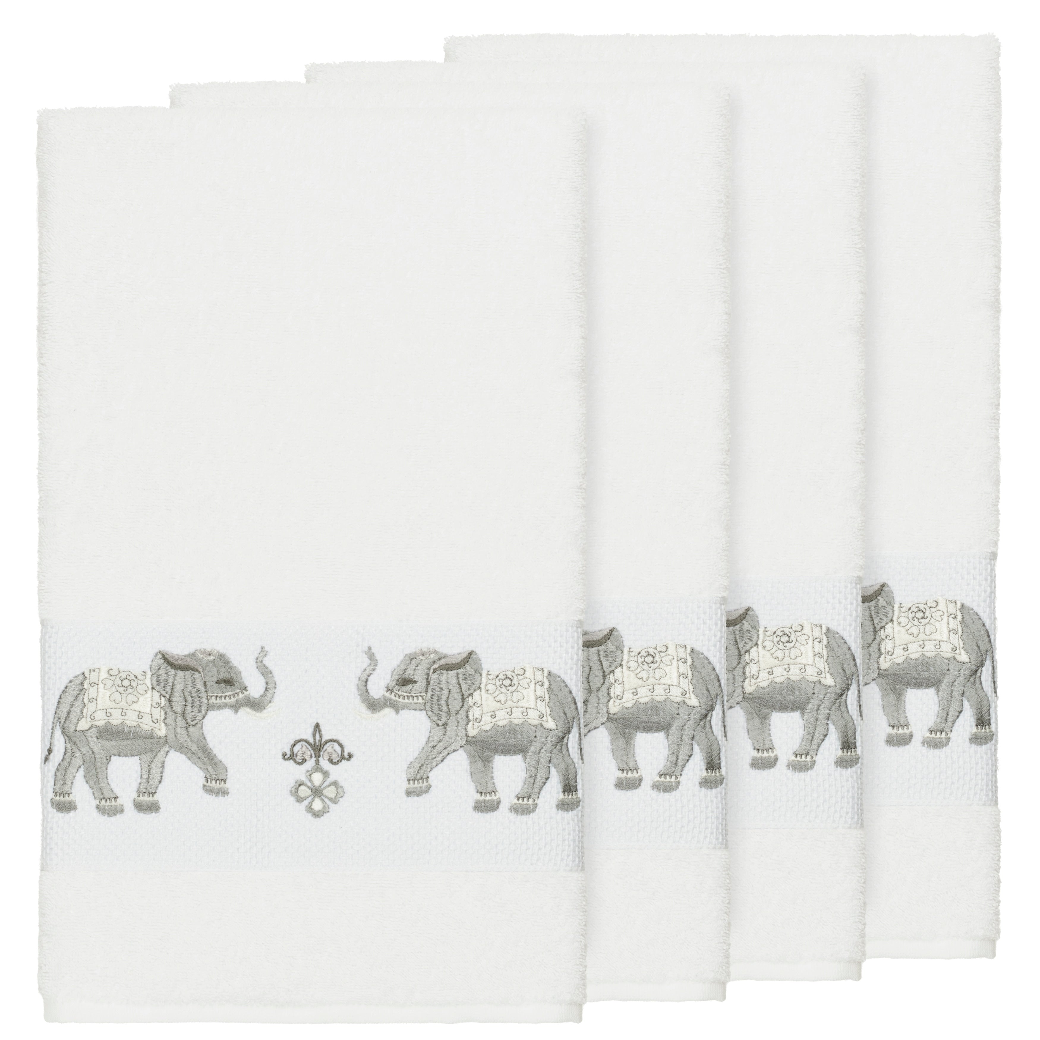Authentic Hotel And Spa Turkish Cotton Elephants Embroidered White 4 Piece Bath Towel Set