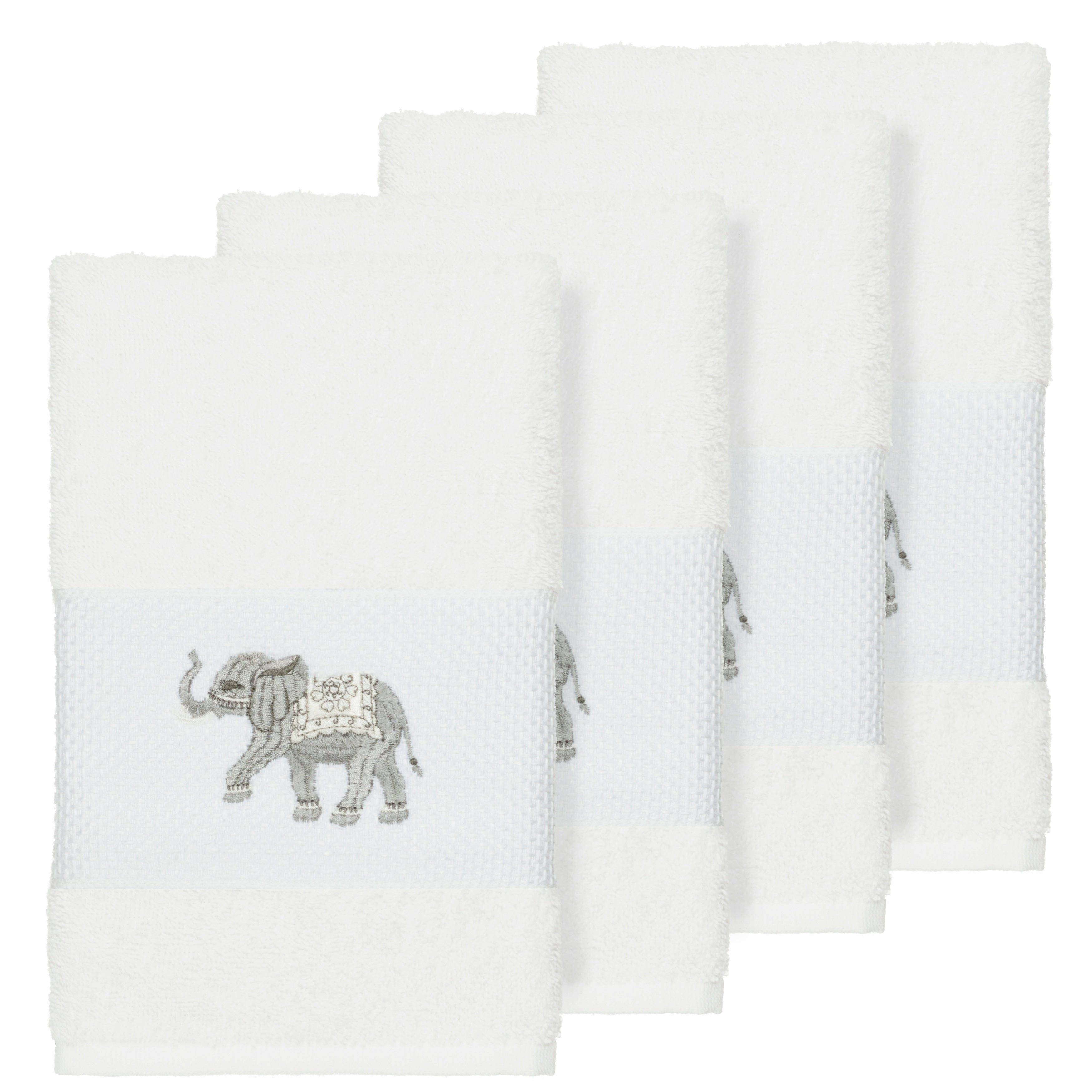 Authentic Hotel And Spa Turkish Cotton Elephants Embroidered White 4 Piece Hand Towel Set