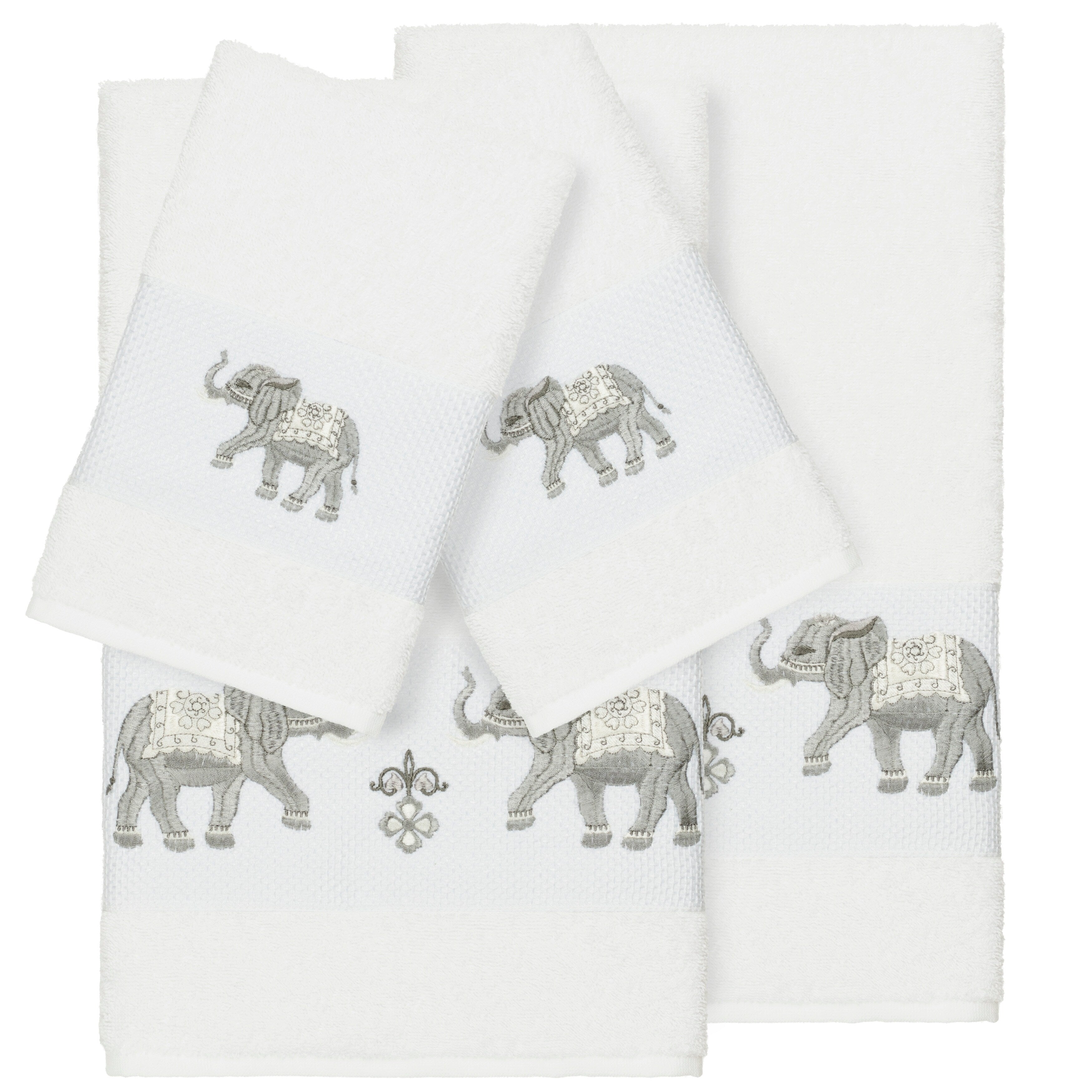 Authentic Hotel And Spa Turkish Cotton Elephants Embroidered White 4 Piece Towel Set