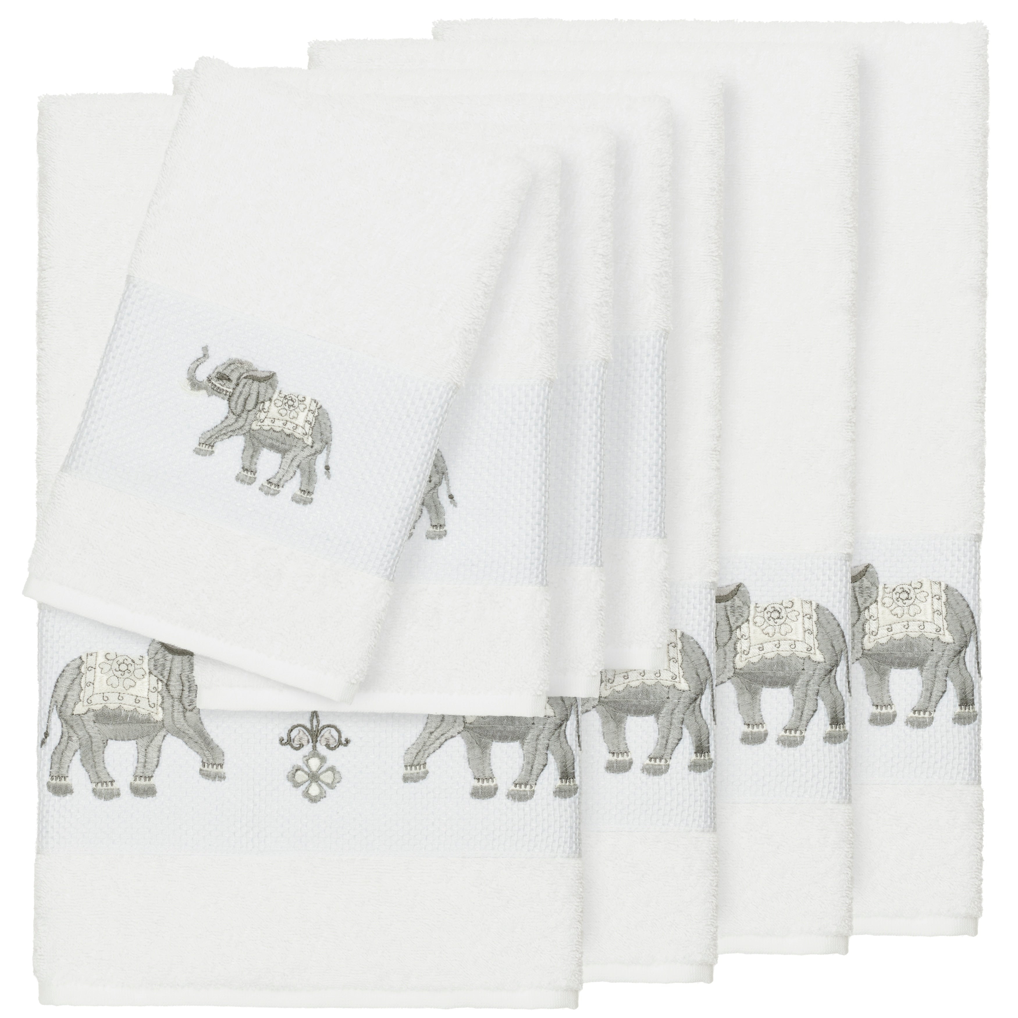 Authentic Hotel And Spa Turkish Cotton Elephants Embroidered White 8 Piece Towel Set
