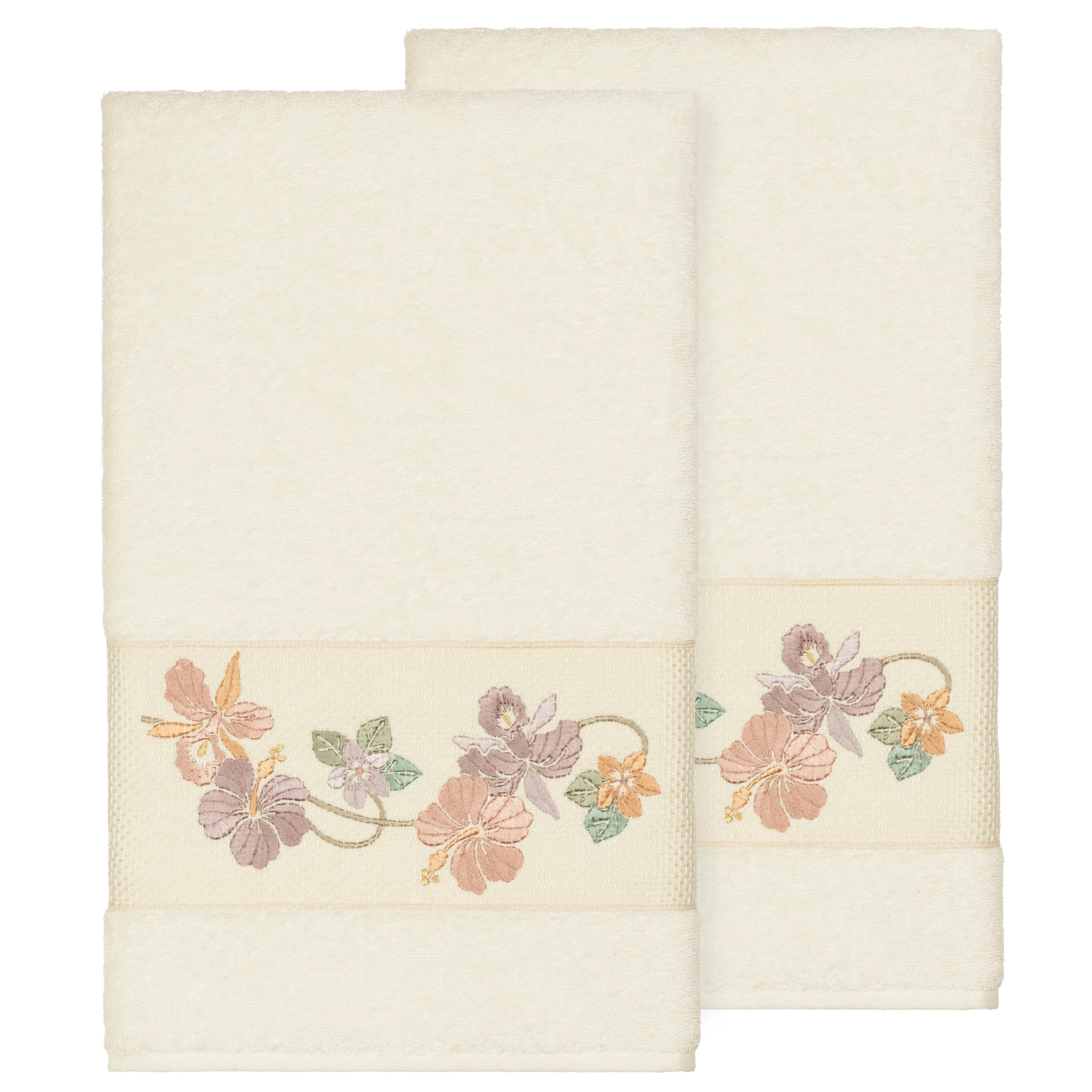 Authentic Hotel And Spa Turkish Cotton Floral Vine Embroidered Cream 2 Piece Bath Towel Set