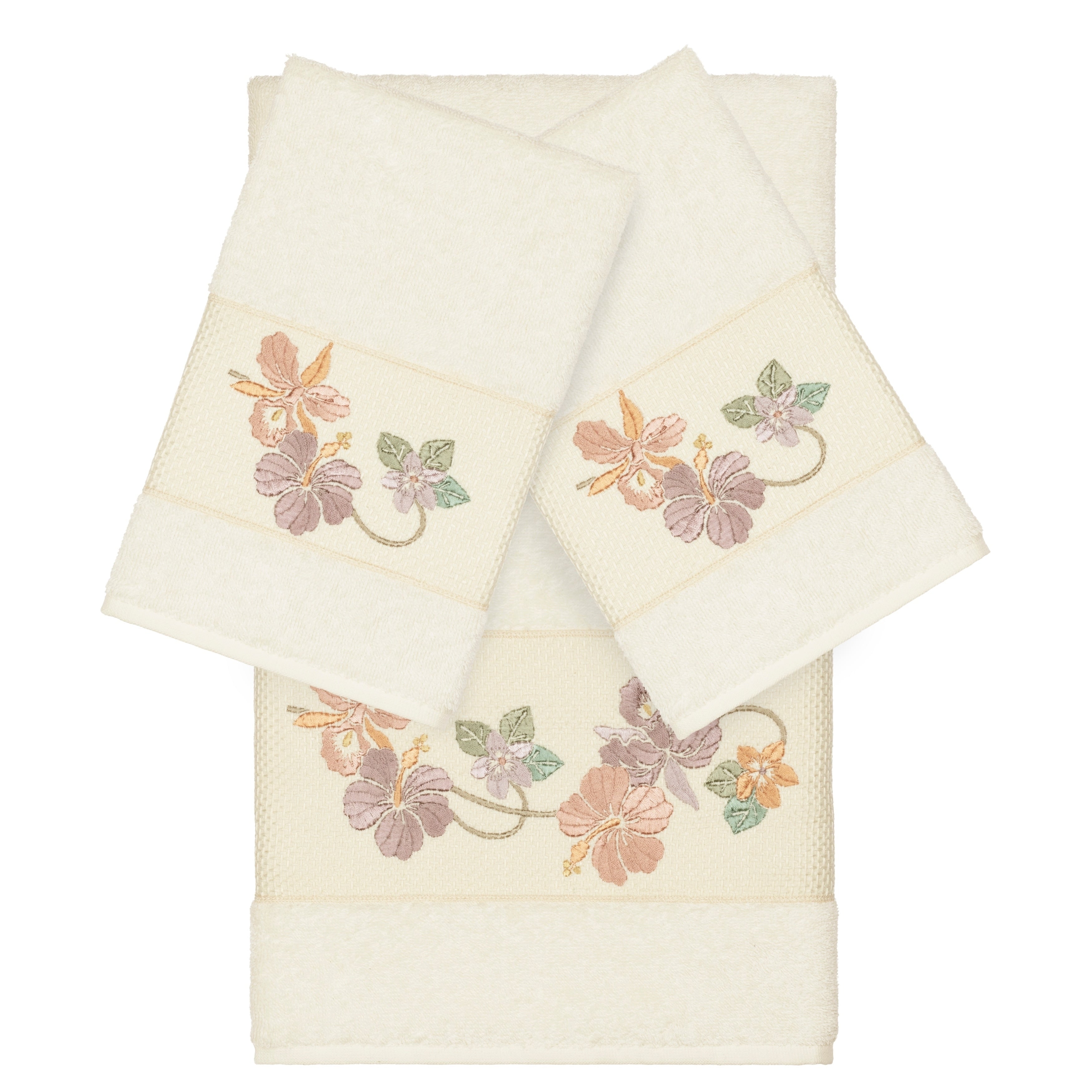 Authentic Hotel And Spa Turkish Cotton Floral Vine Embroidered Cream 3 Piece Towel Set