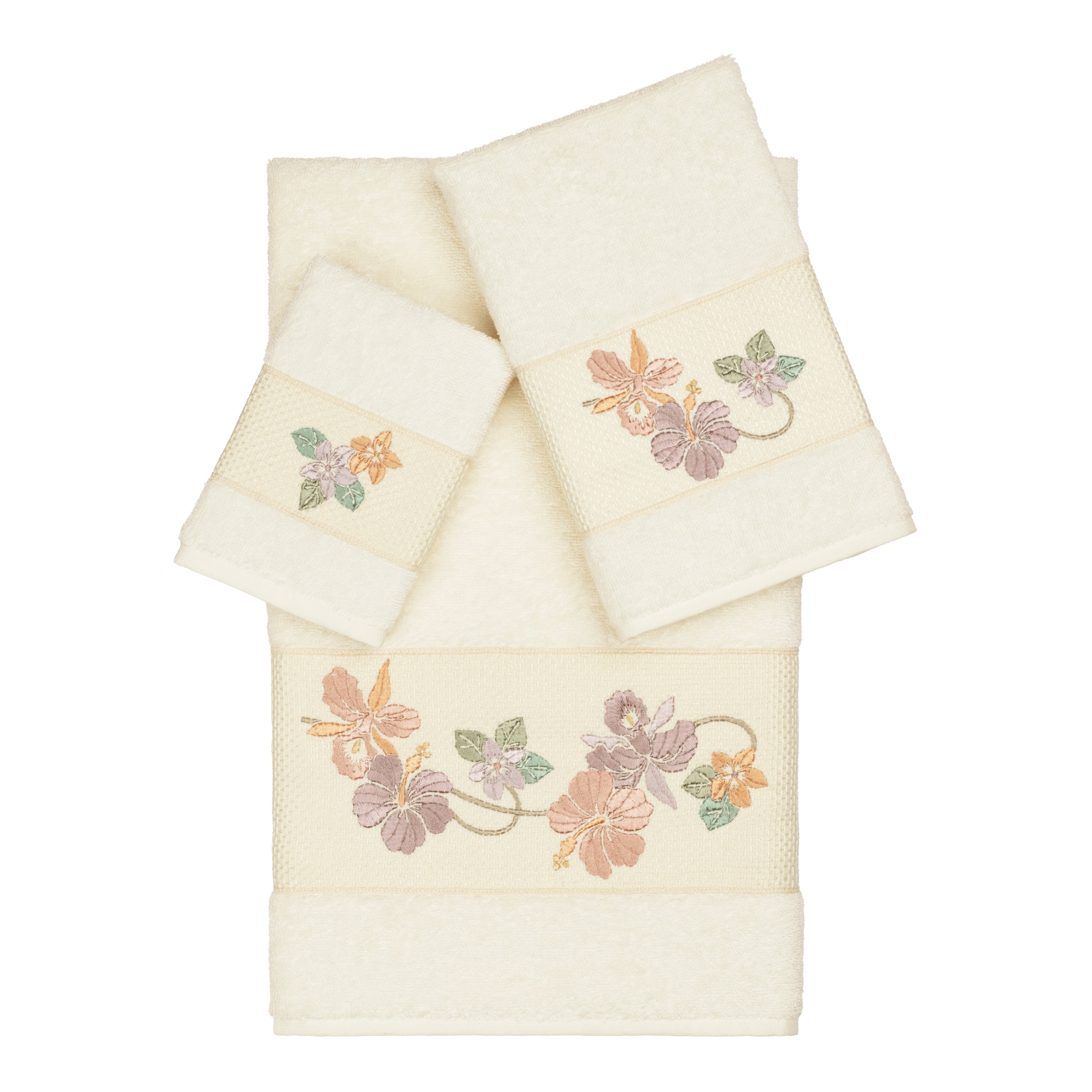 Authentic Hotel And Spa Turkish Cotton Floral Vine Embroidered Cream 3 Piece Towel Set