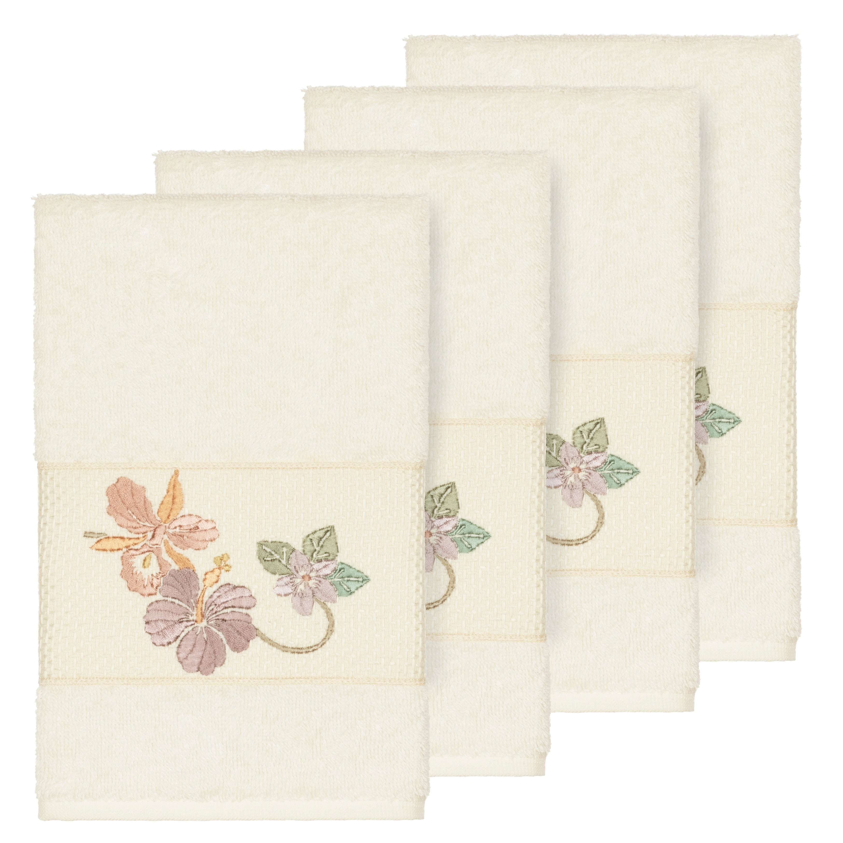 Authentic Hotel And Spa Turkish Cotton Floral Vine Embroidered Cream 4 Piece Hand Towel Set